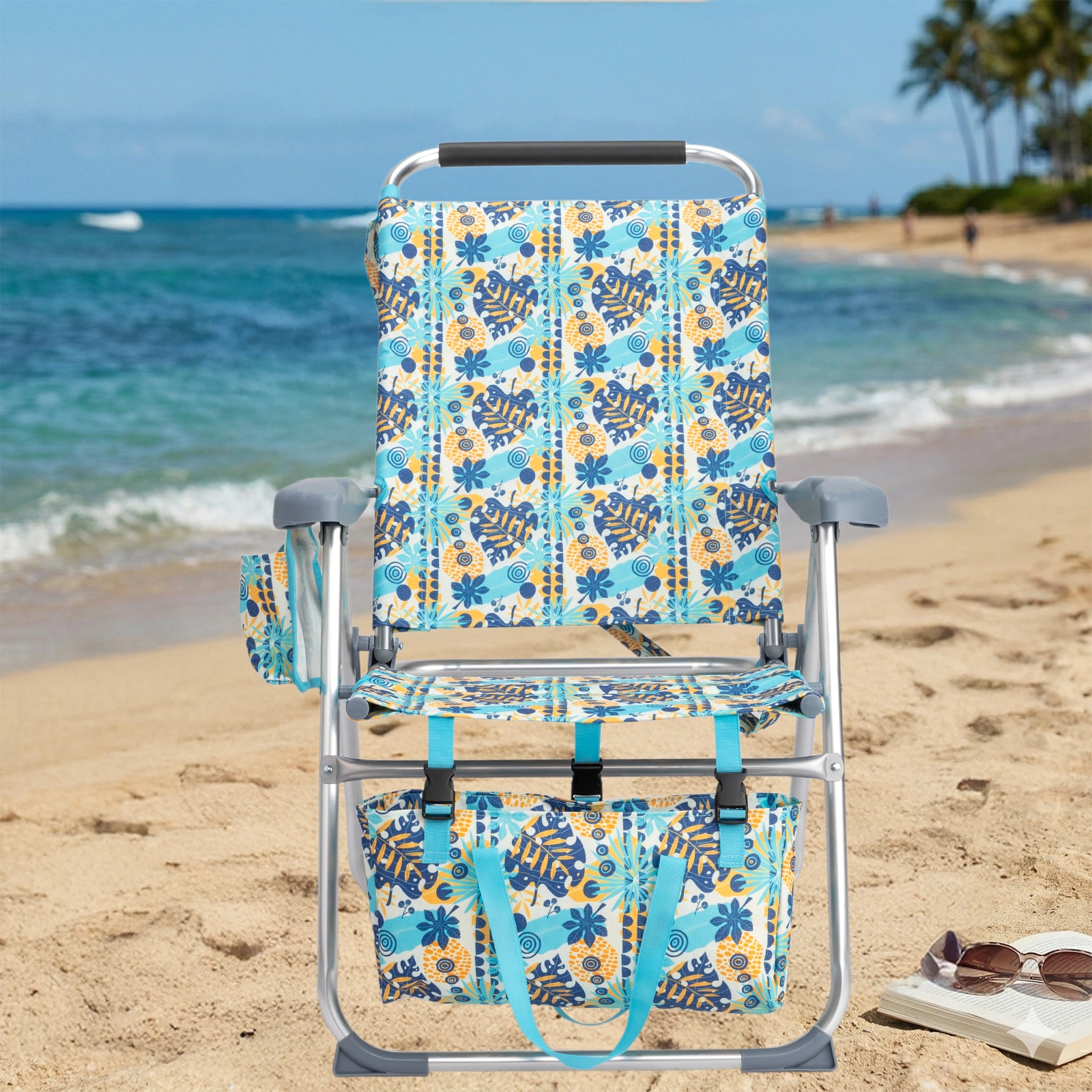 17 Inch Seat Height Beach Chair for Adults, Folding Portable Camping Chair with Headrest, Cup Holder, Side Pocket & Bottom Storage Bag, 7-Position Adjustable Aluminum Beach Chair, Heavy Duty 265 LBS Capacity, Oxford Fabric for Beach, Patio, Pool, Vin view 20