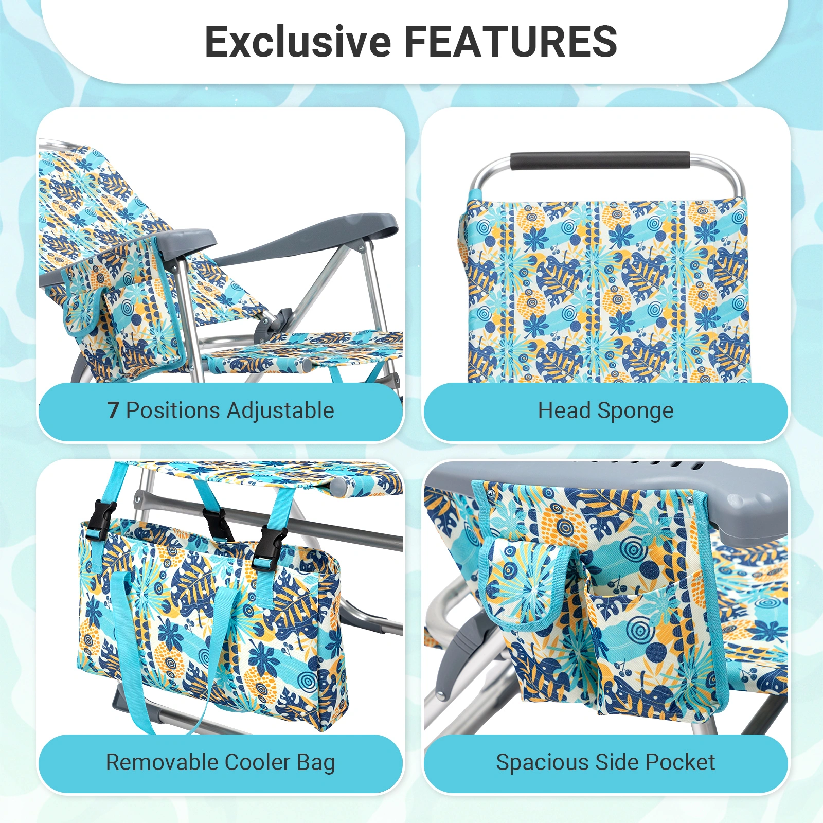 17 Inch Seat Height Beach Chair for Adults, Folding Portable Camping Chair with Headrest, Cup Holder, Side Pocket & Bottom Storage Bag, 7-Position Adjustable Aluminum Beach Chair, Heavy Duty 265 LBS Capacity, Oxford Fabric for Beach, Patio, Pool, Vin view 3
