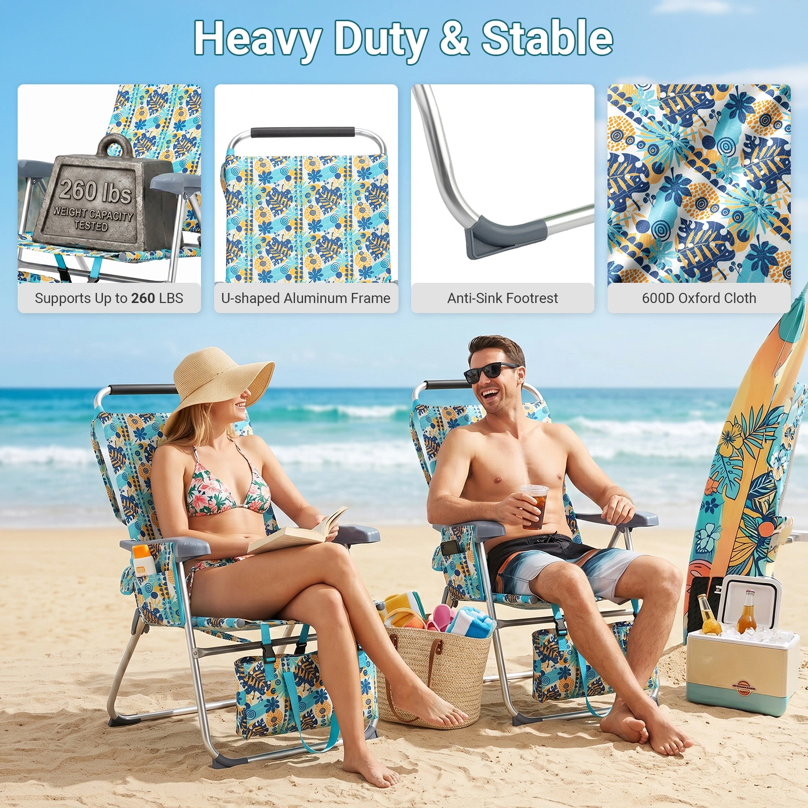 17 Inch Seat Height Beach Chair for Adults, Folding Portable Camping Chair with Headrest, Cup Holder, Side Pocket & Bottom Storage Bag, 7-Position Adjustable Aluminum Beach Chair, Heavy Duty 265 LBS Capacity, Oxford Fabric for Beach, Patio, Pool, Vin view 6