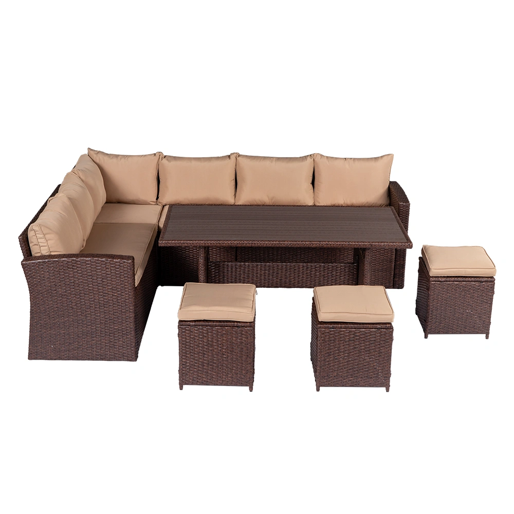 Outdoor 8-Piece Rattan Dining Set Brown Wood Grain, Khaki Cushion Chairs & Plastic Wood Table, 4 Boxes, Package-1