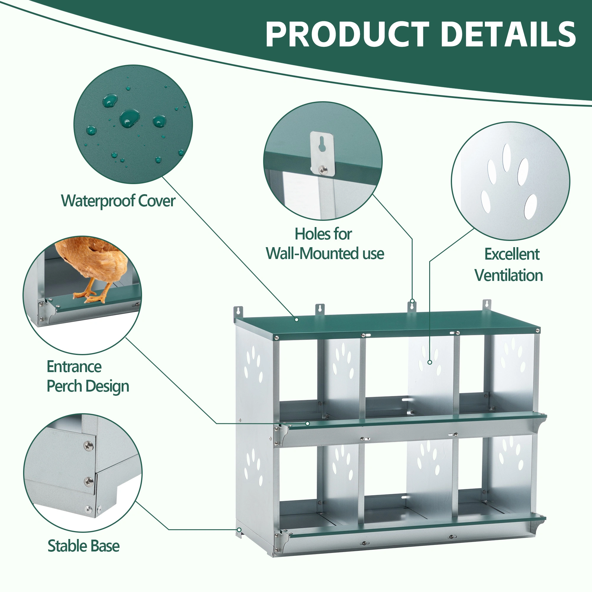 6-Compartment Galvanized Steel Chicken Nesting Box, Heavy Duty Hen Nest Box Easy Assembly for Coop Barn view 5