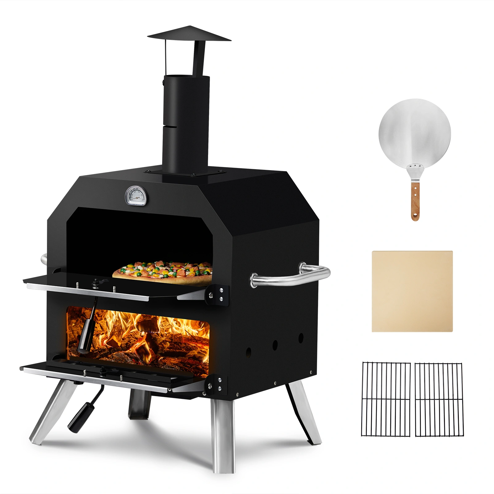 Outdoor Pizza Oven Wood Fired 2-Layer Pizza Ovens Outside Pizza Maker with Stone, Removable Cooking Rack for Camping Backyard BBQ view 2