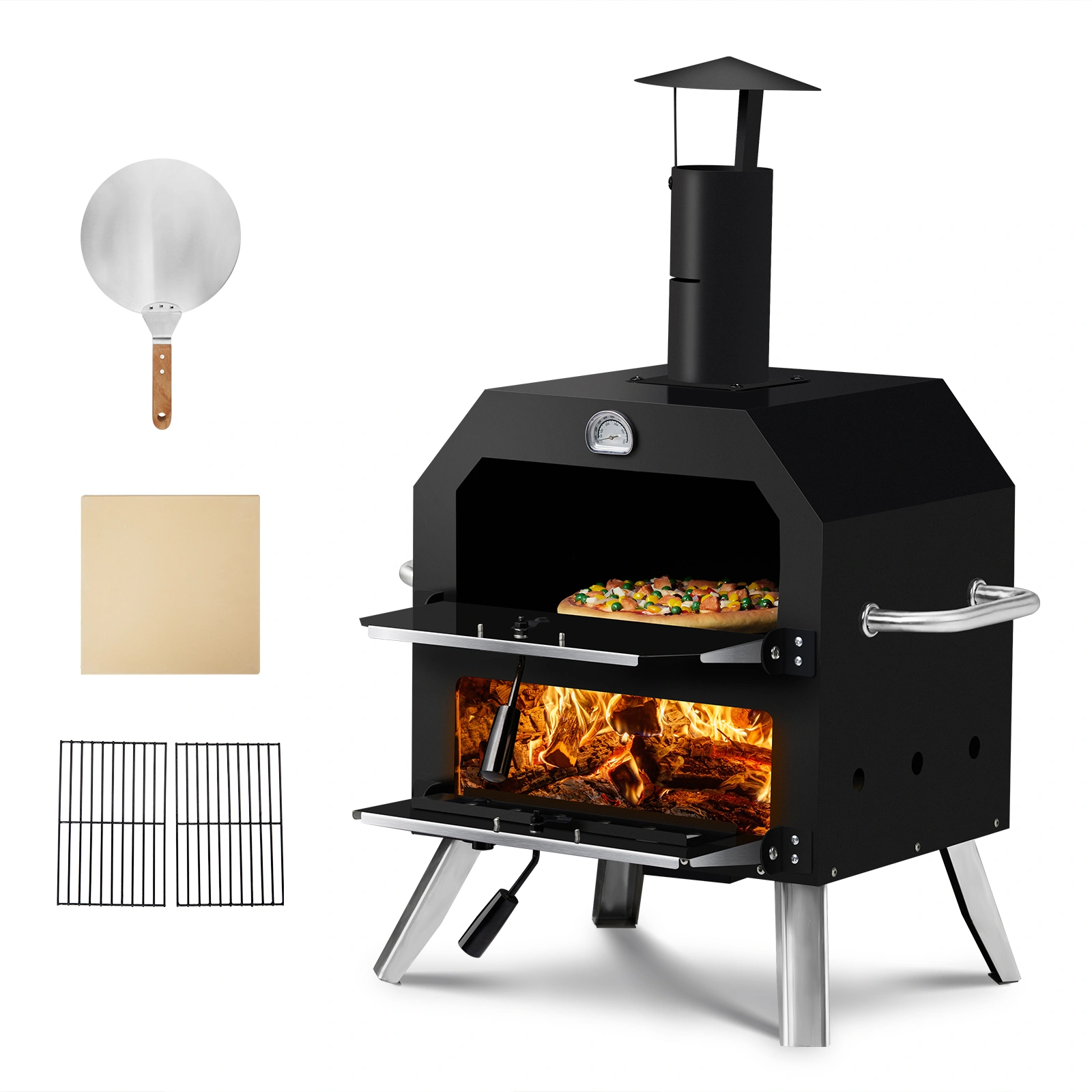 Outdoor Pizza Oven Wood Fired 2-Layer Pizza Ovens Outside Pizza Maker with Stone, Removable Cooking Rack for Camping Backyard BBQ view 3