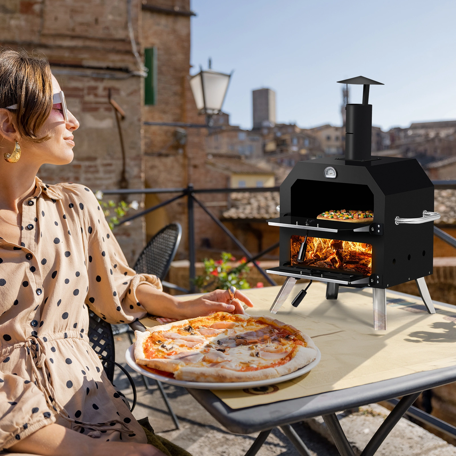Outdoor Pizza Oven Wood Fired 2-Layer Pizza Ovens Outside Pizza Maker with Stone, Removable Cooking Rack for Camping Backyard BBQ view 4