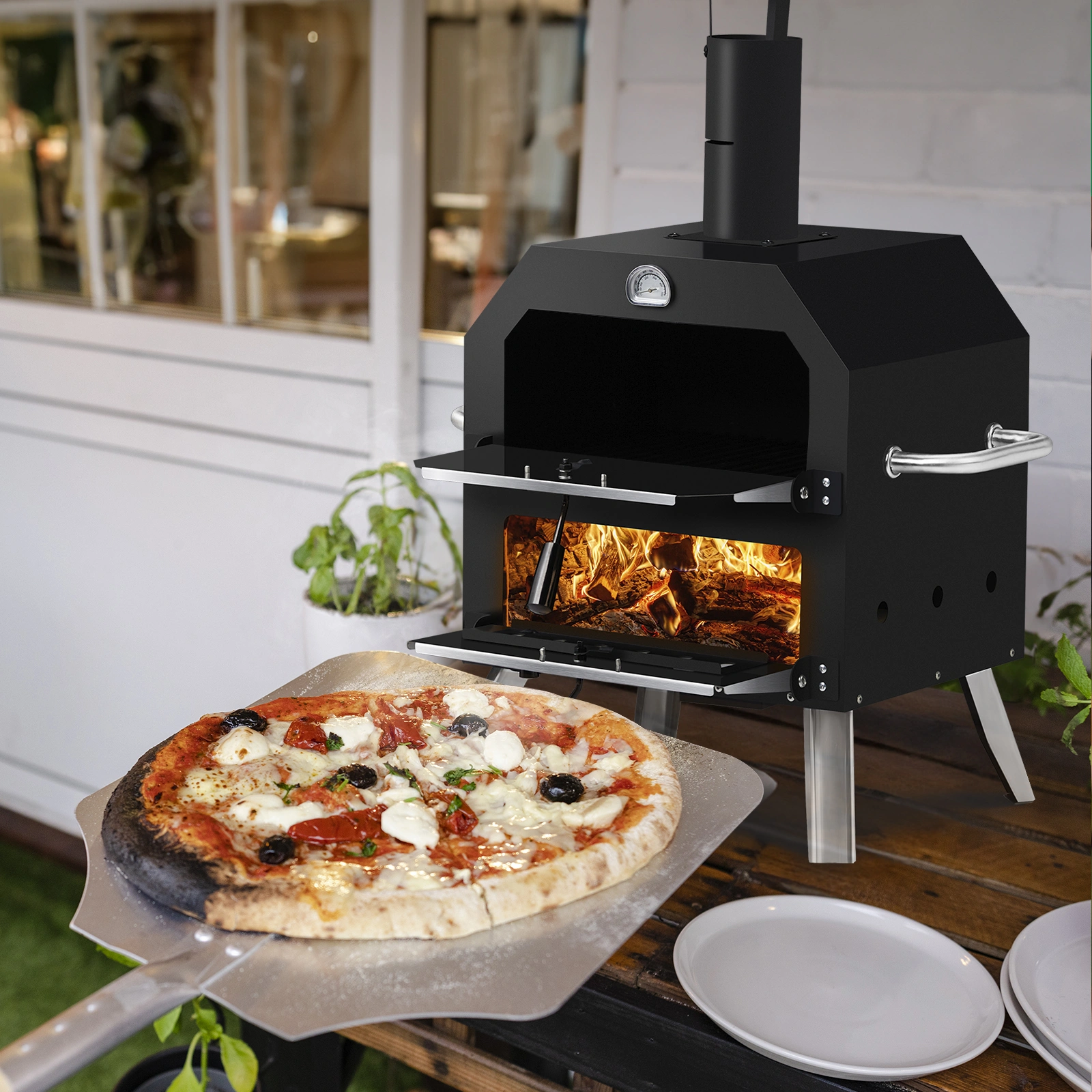 Outdoor Pizza Oven Wood Fired 2-Layer Pizza Ovens Outside Pizza Maker with Stone, Removable Cooking Rack for Camping Backyard BBQ view 5