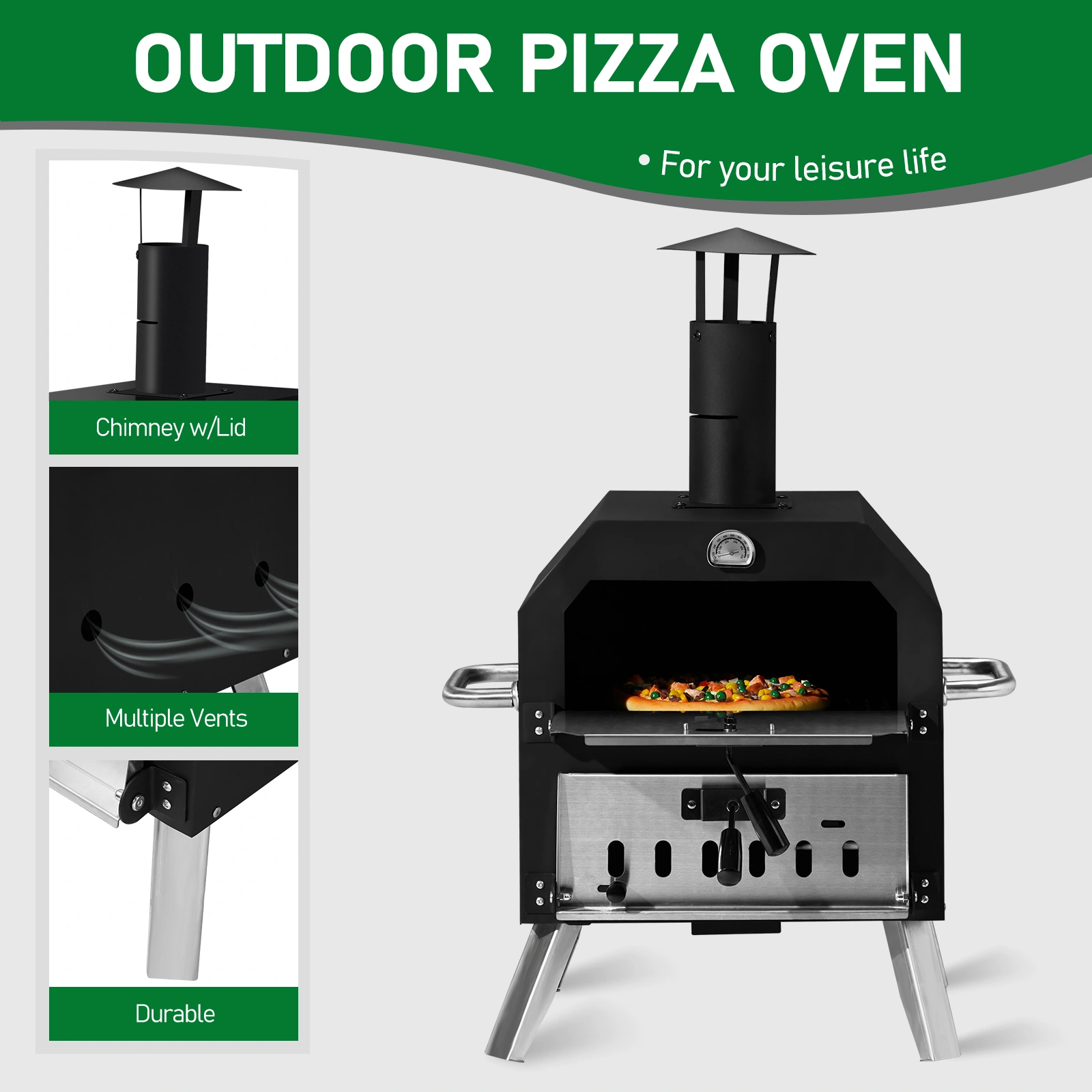 Outdoor Pizza Oven Wood Fired 2-Layer Pizza Ovens Outside Pizza Maker with Stone, Removable Cooking Rack for Camping Backyard BBQ view 8