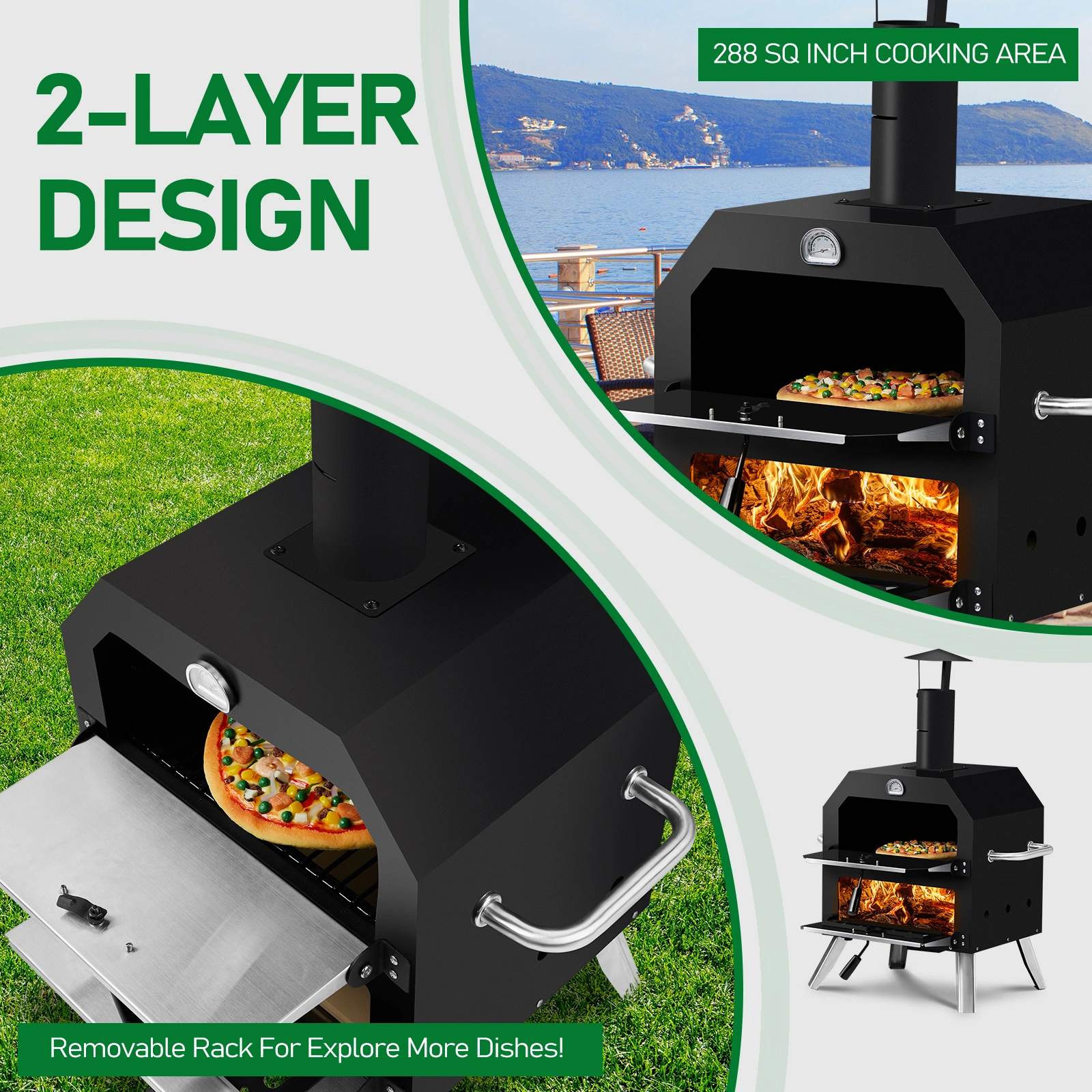 Outdoor Pizza Oven Wood Fired 2-Layer Pizza Ovens Outside Pizza Maker with Stone, Removable Cooking Rack for Camping Backyard BBQ view 9