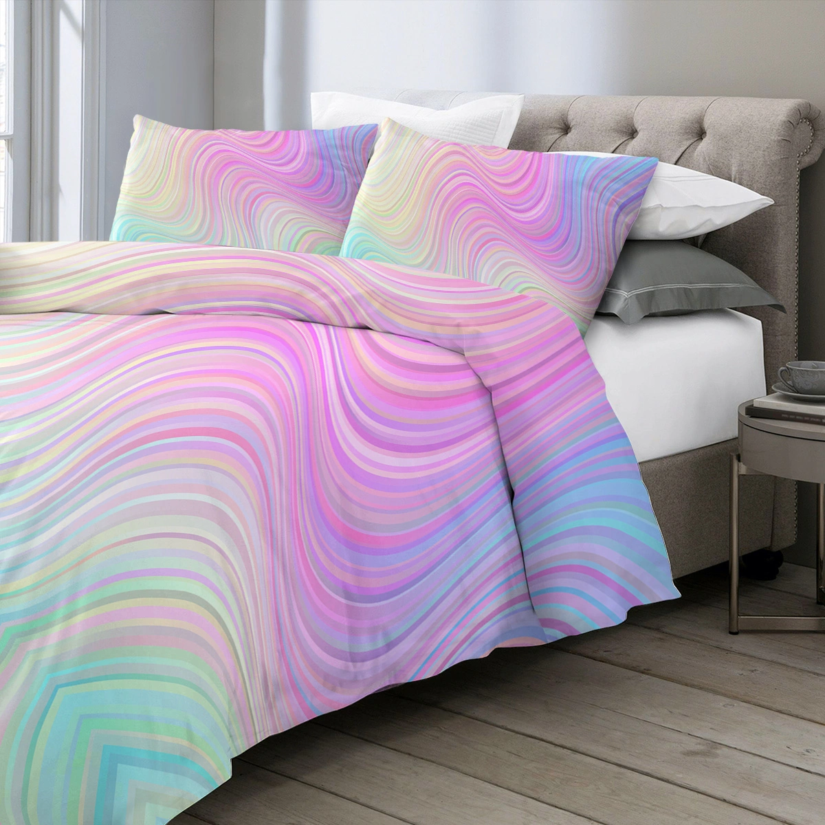 Rainbow Glitter Ombre Duvet Cover Set 3 Pcs Unicorn Sparkle Bedspread with 2 Pillow Shams Pink Purple Blue Green Pastel Bedding Double view 2