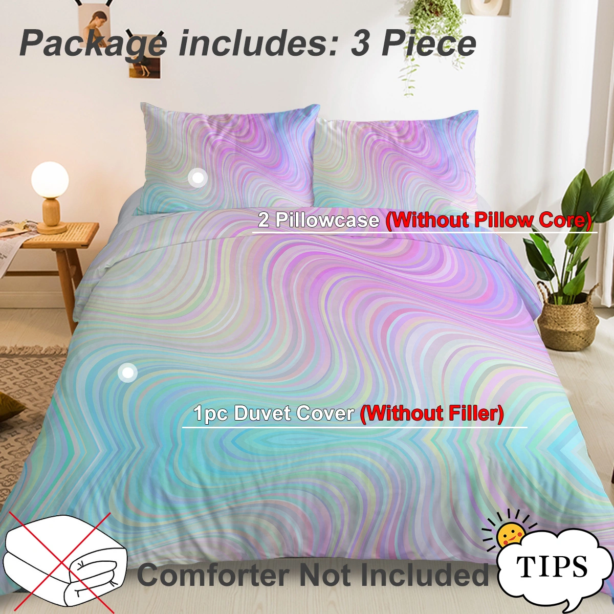 Rainbow Glitter Ombre Duvet Cover Set 3 Pcs Unicorn Sparkle Bedspread with 2 Pillow Shams Pink Purple Blue Green Pastel Bedding Double view 3
