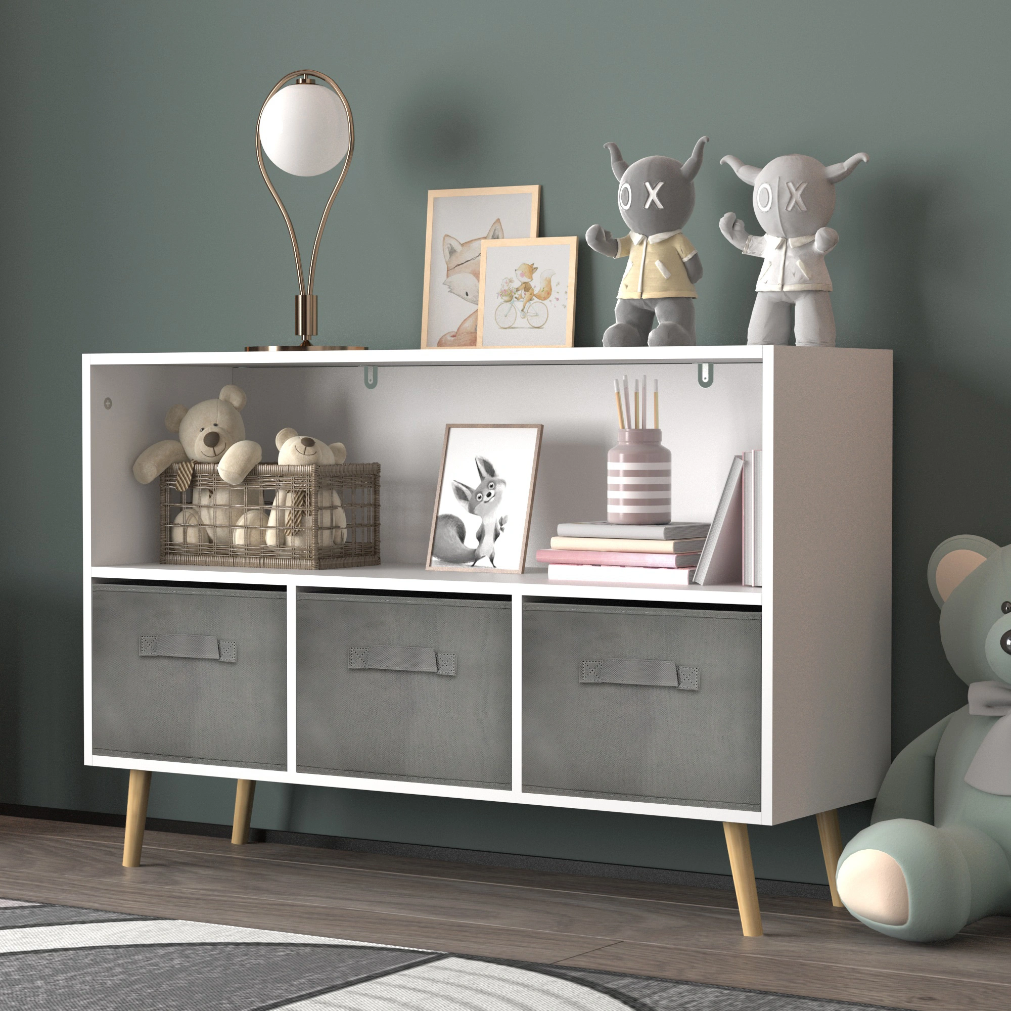 Kids Bookcase with Collapsible Fabric Drawers, Children's Book Display & Toy Storage Cabinet Organizer, White/Gray