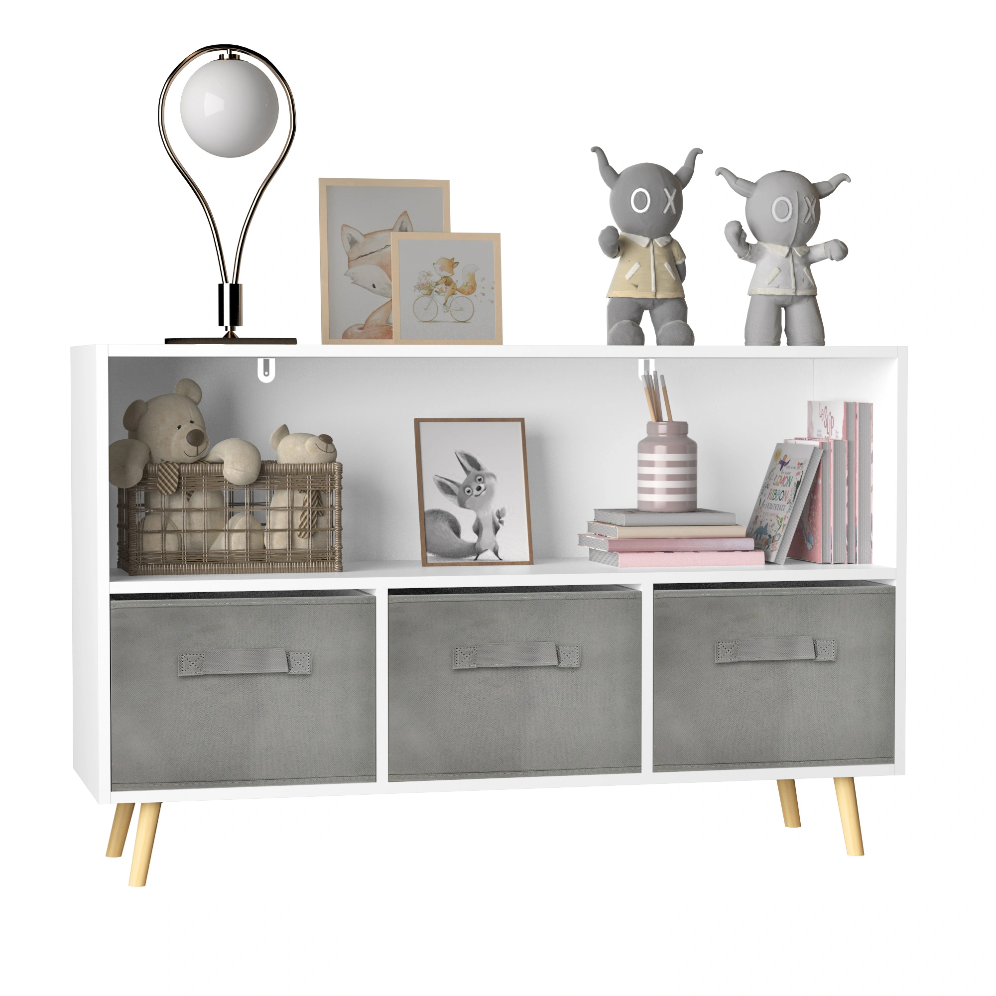 Kids Bookcase with Collapsible Fabric Drawers, Children's Book Display & Toy Storage Cabinet Organizer, White/Gray view 10