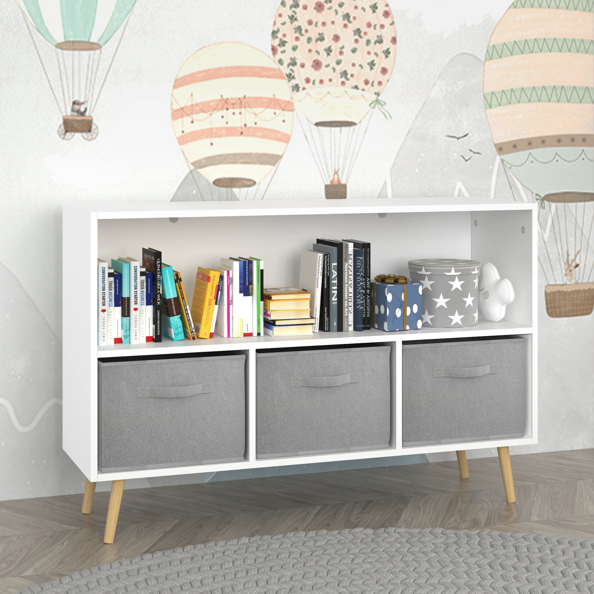Kids Bookcase with Collapsible Fabric Drawers, Children's Book Display & Toy Storage Cabinet Organizer, White/Gray view 11