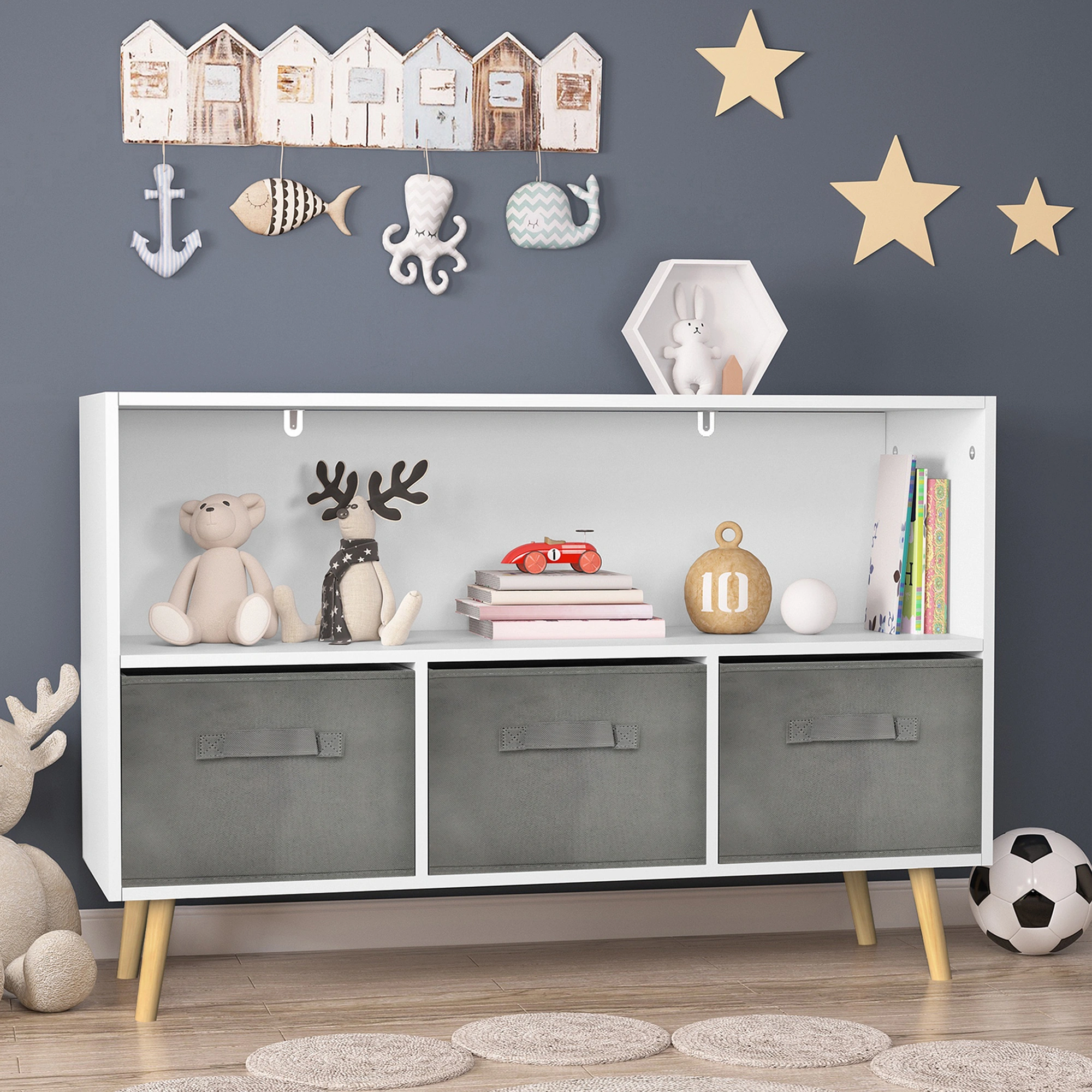 Kids Bookcase with Collapsible Fabric Drawers, Children's Book Display & Toy Storage Cabinet Organizer, White/Gray view 14