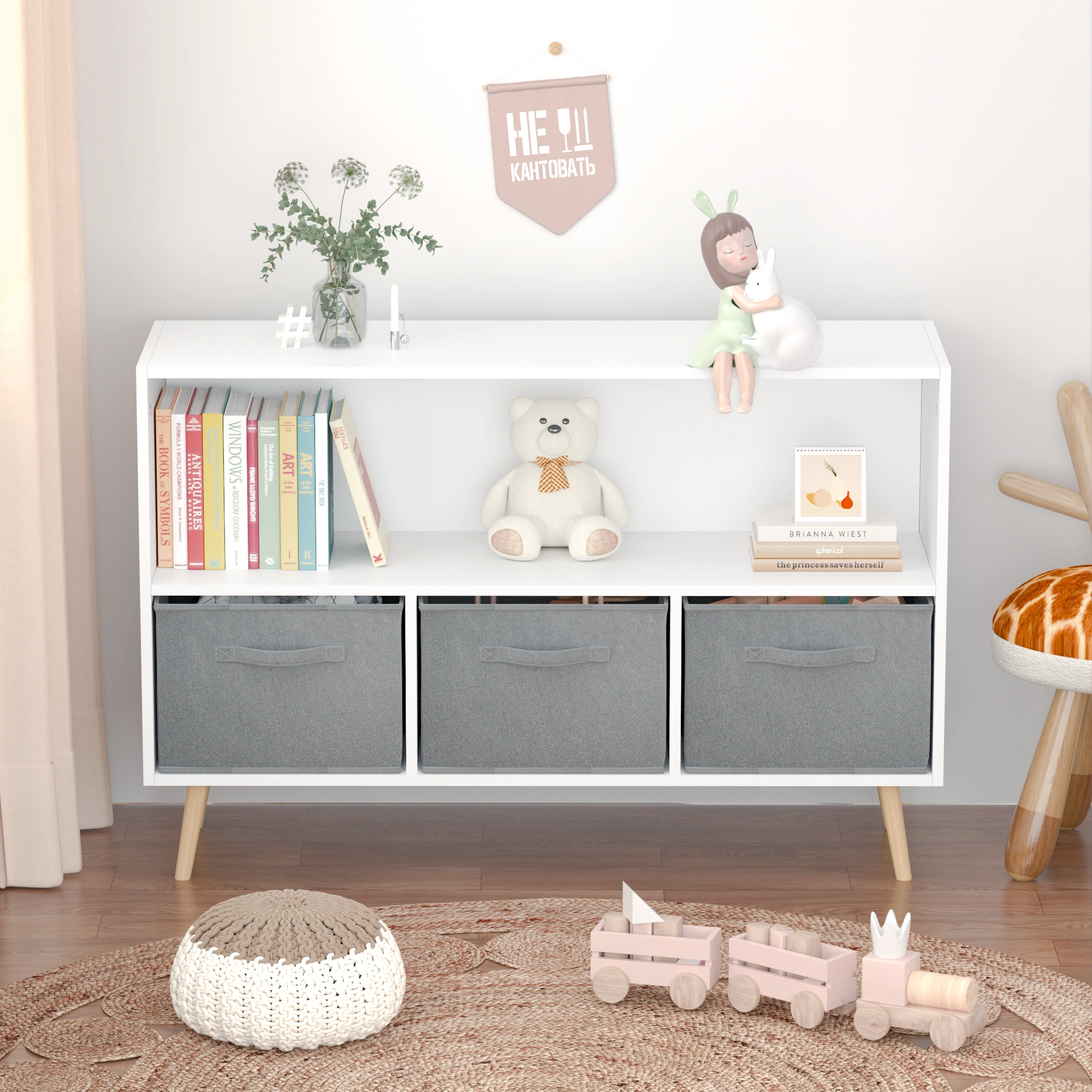 Kids Bookcase with Collapsible Fabric Drawers, Children's Book Display & Toy Storage Cabinet Organizer, White/Gray view 17
