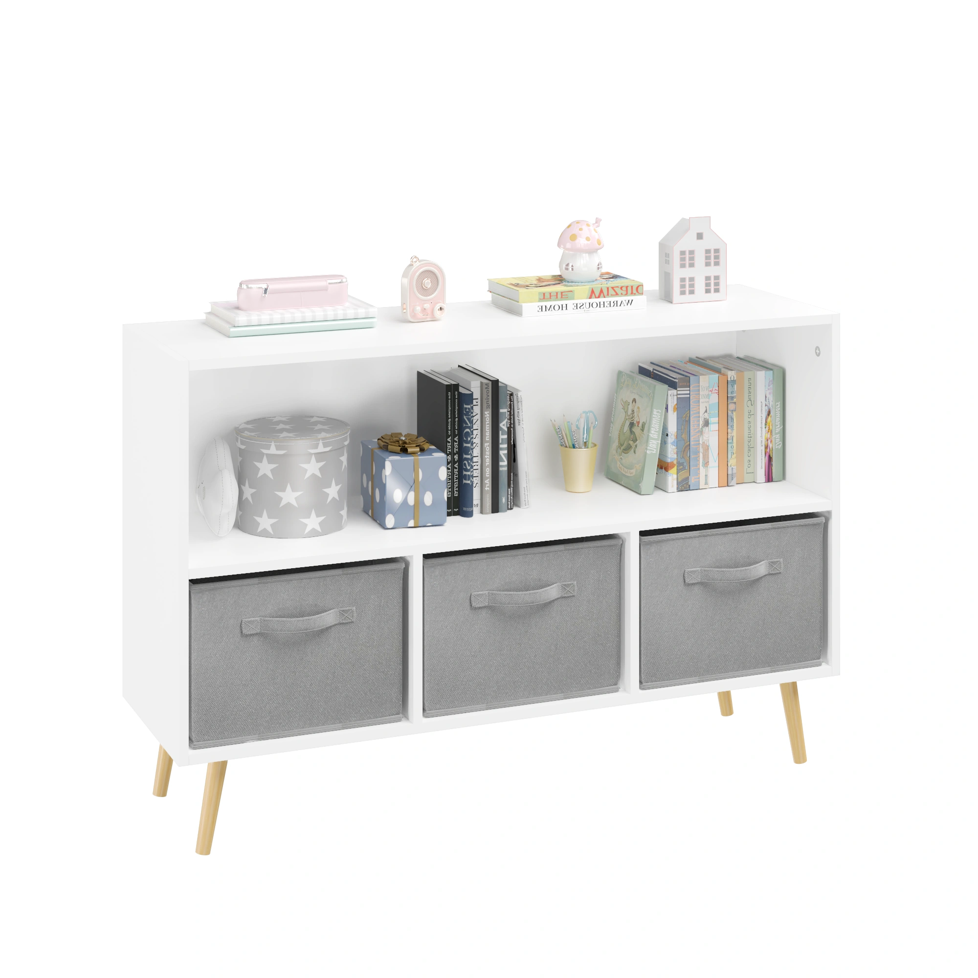Kids Bookcase with Collapsible Fabric Drawers, Children's Book Display & Toy Storage Cabinet Organizer, White/Gray view 18