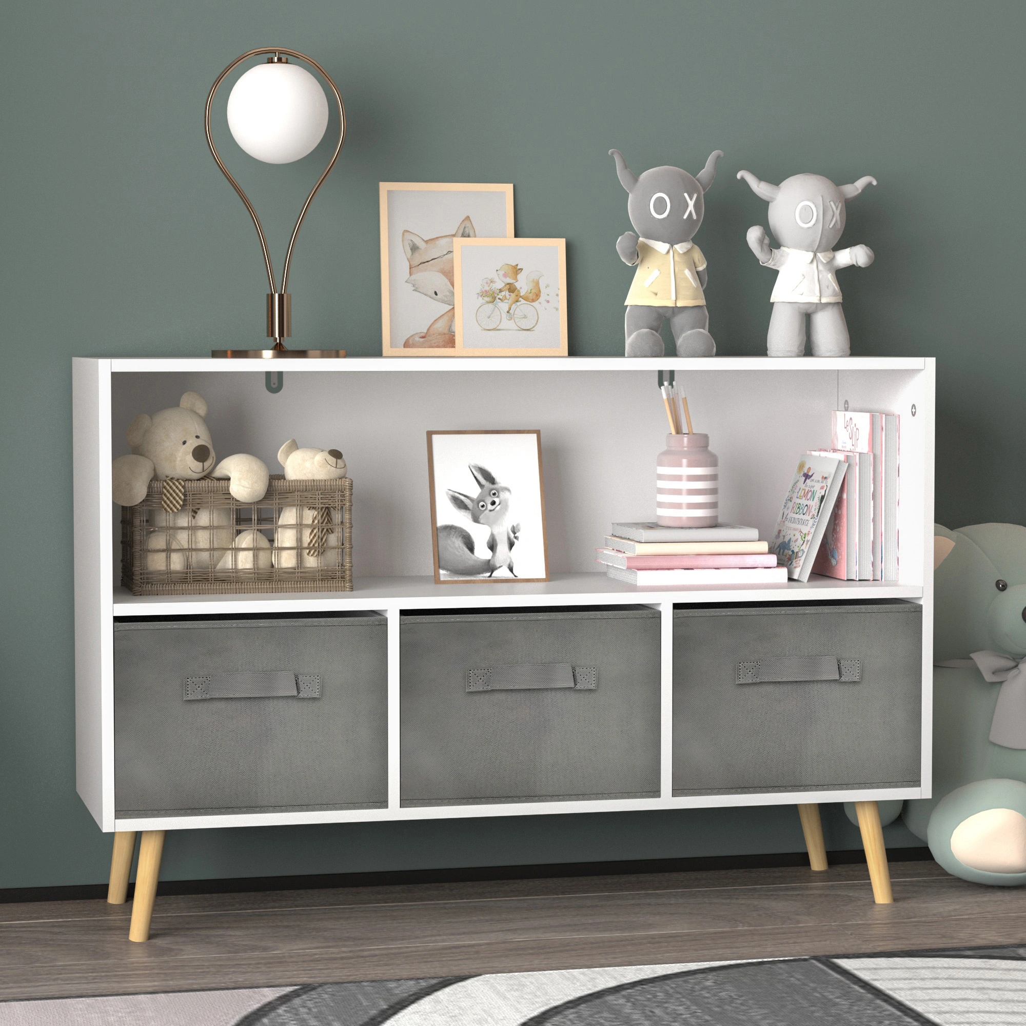 Kids Bookcase with Collapsible Fabric Drawers, Children's Book Display & Toy Storage Cabinet Organizer, White/Gray view 21