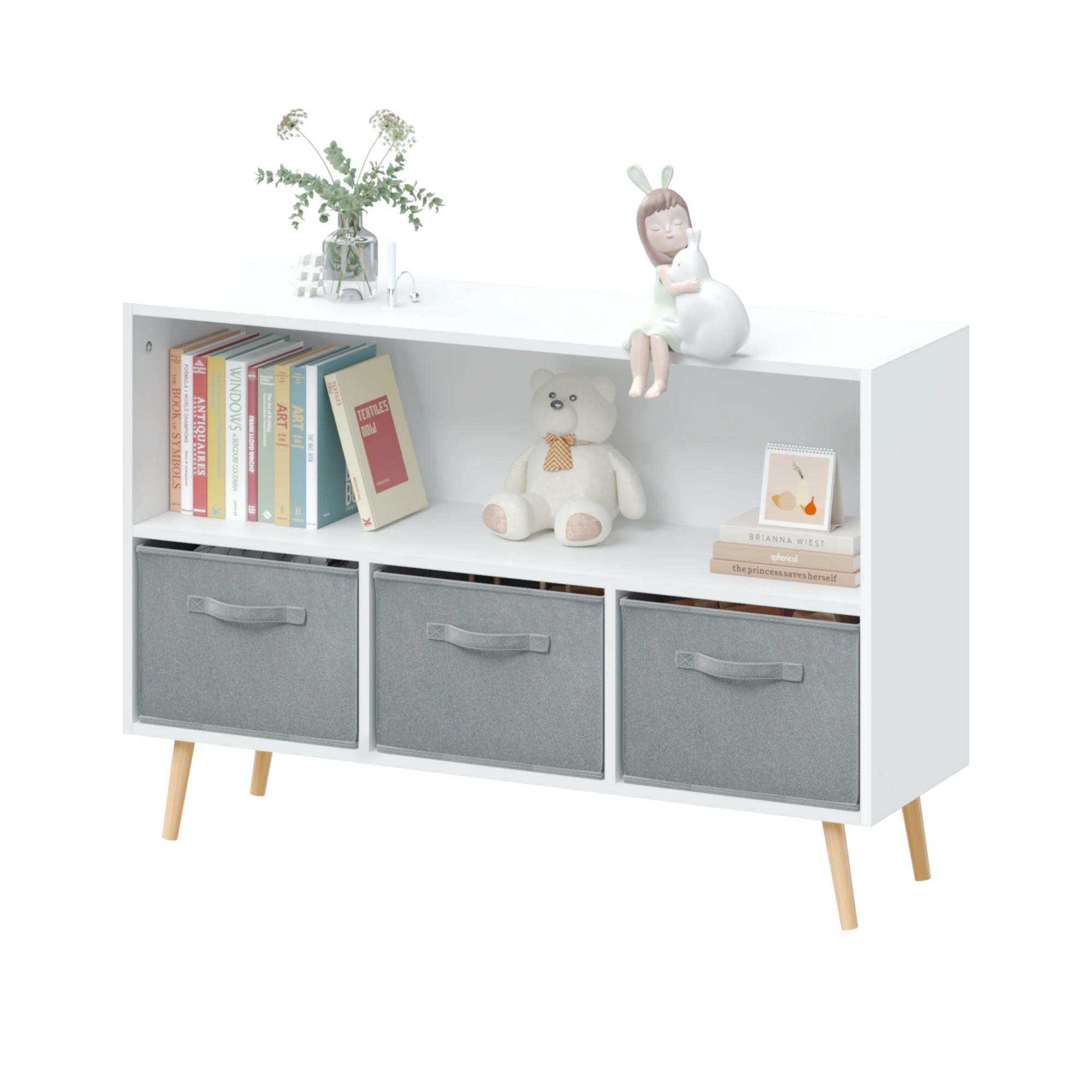Kids Bookcase with Collapsible Fabric Drawers, Children's Book Display & Toy Storage Cabinet Organizer, White/Gray view 27