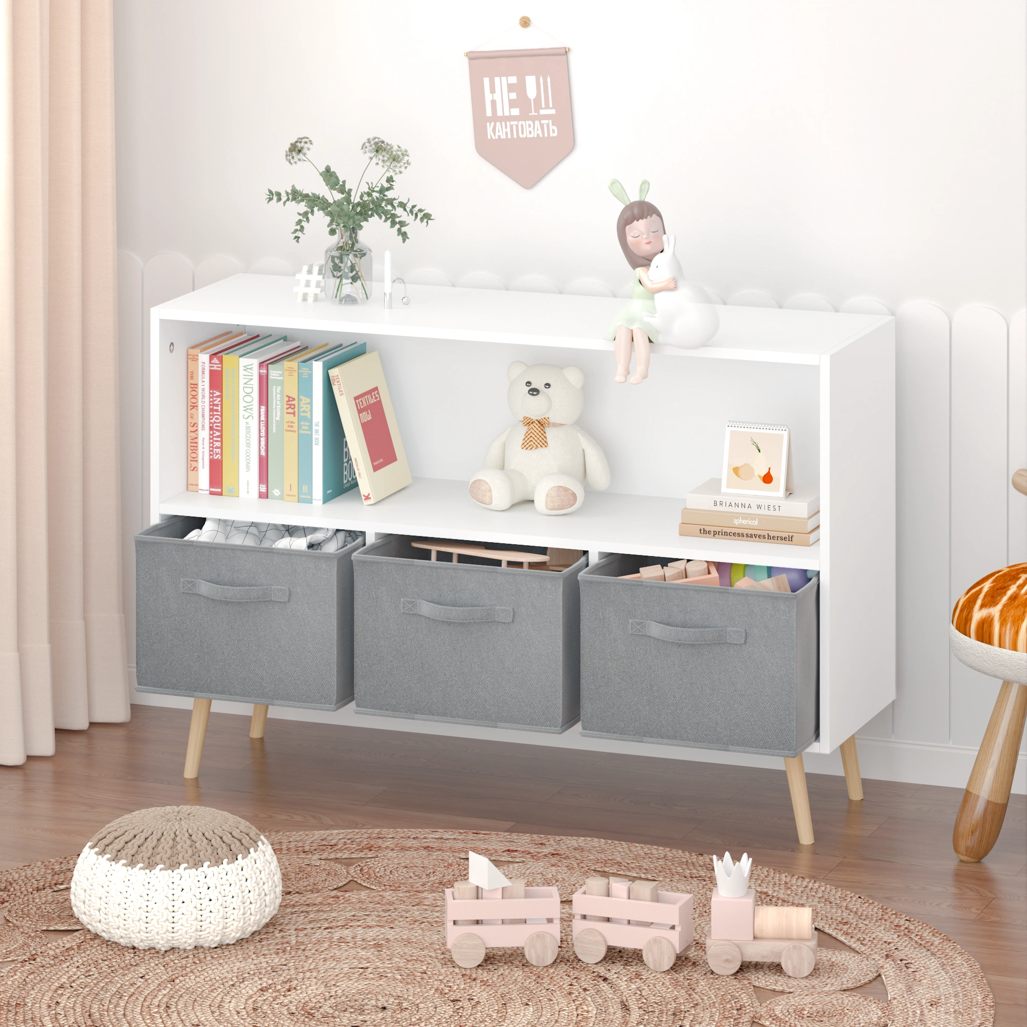 Kids Bookcase with Collapsible Fabric Drawers, Children's Book Display & Toy Storage Cabinet Organizer, White/Gray view 28