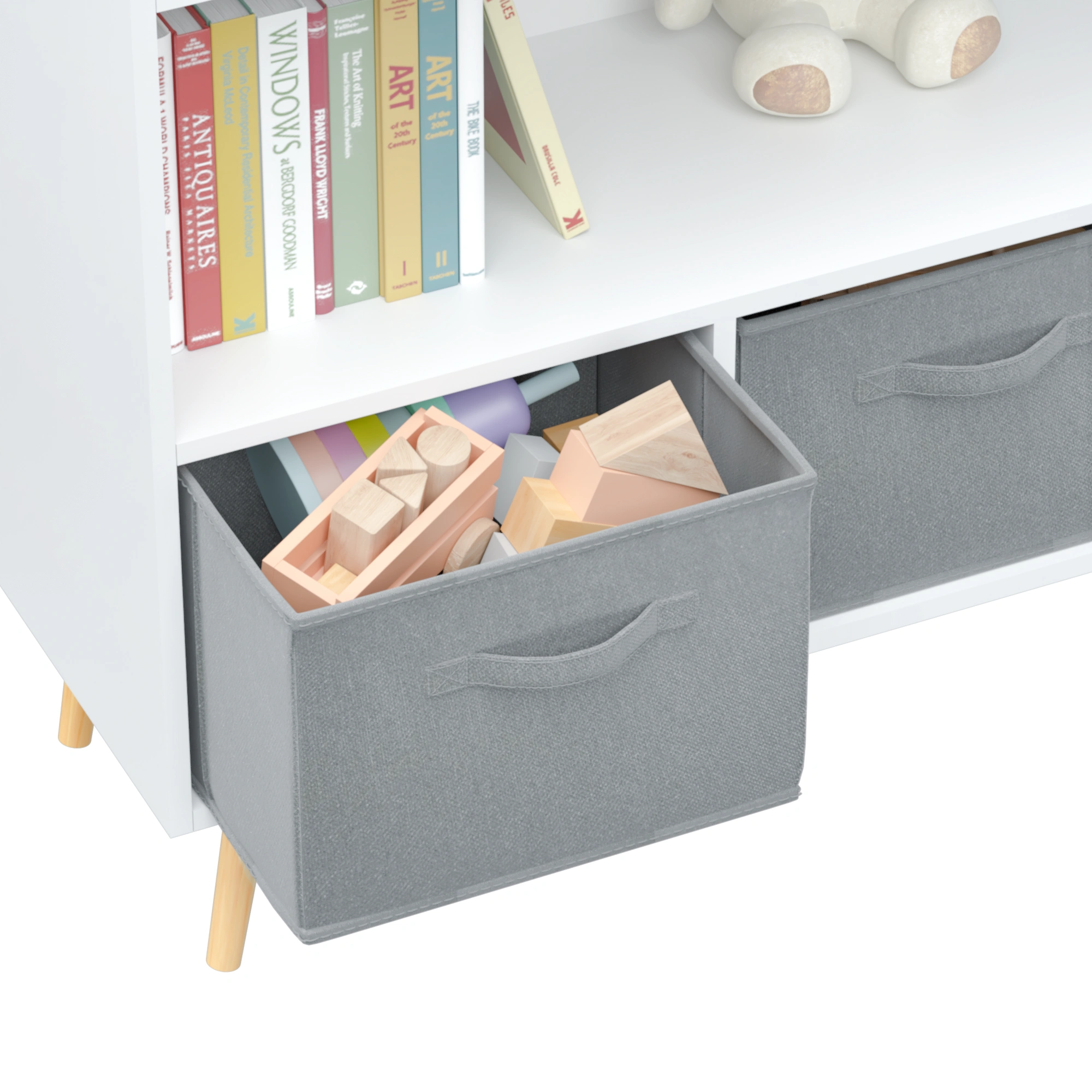 Kids Bookcase with Collapsible Fabric Drawers, Children's Book Display & Toy Storage Cabinet Organizer, White/Gray view 30