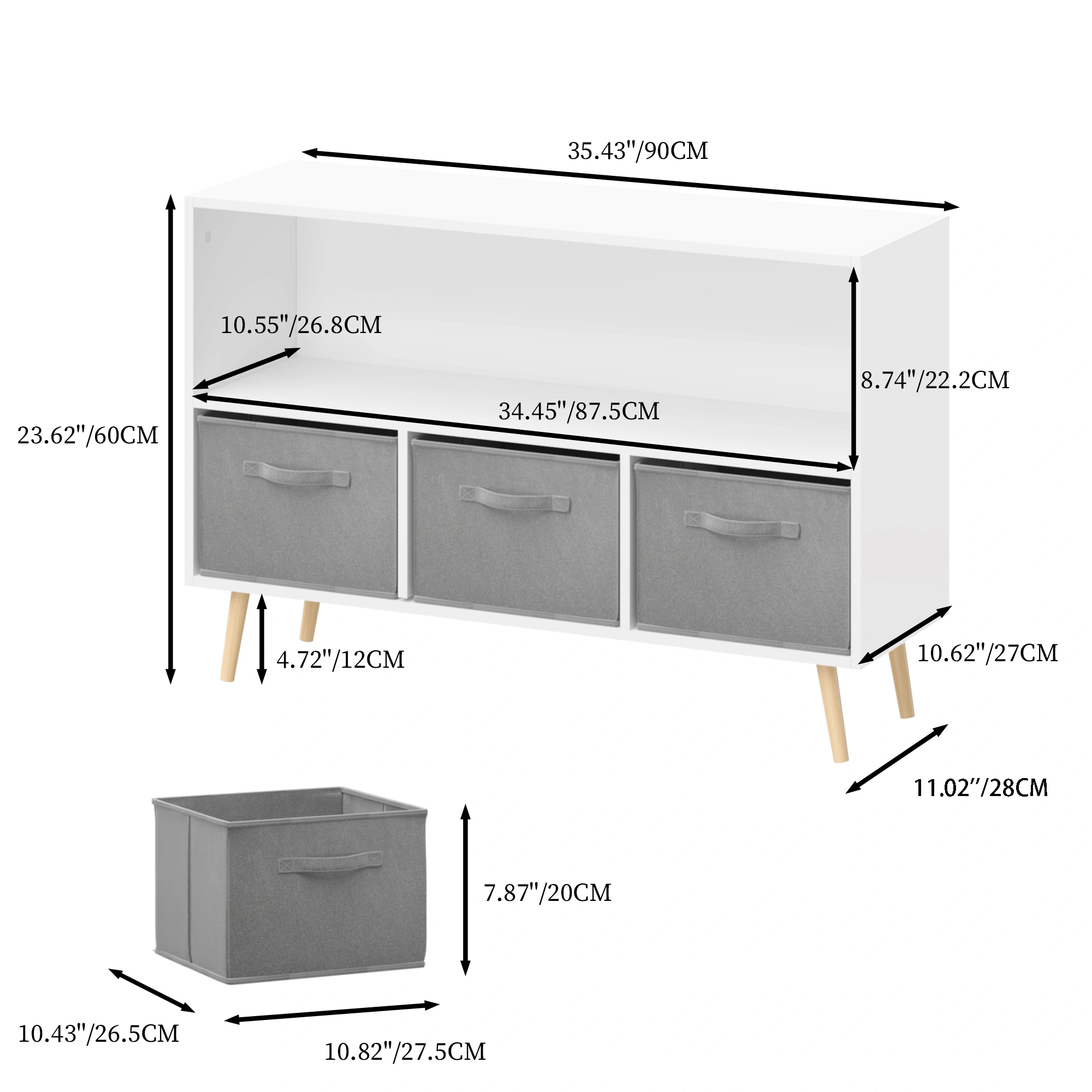 Kids Bookcase with Collapsible Fabric Drawers, Children's Book Display & Toy Storage Cabinet Organizer, White/Gray view 4