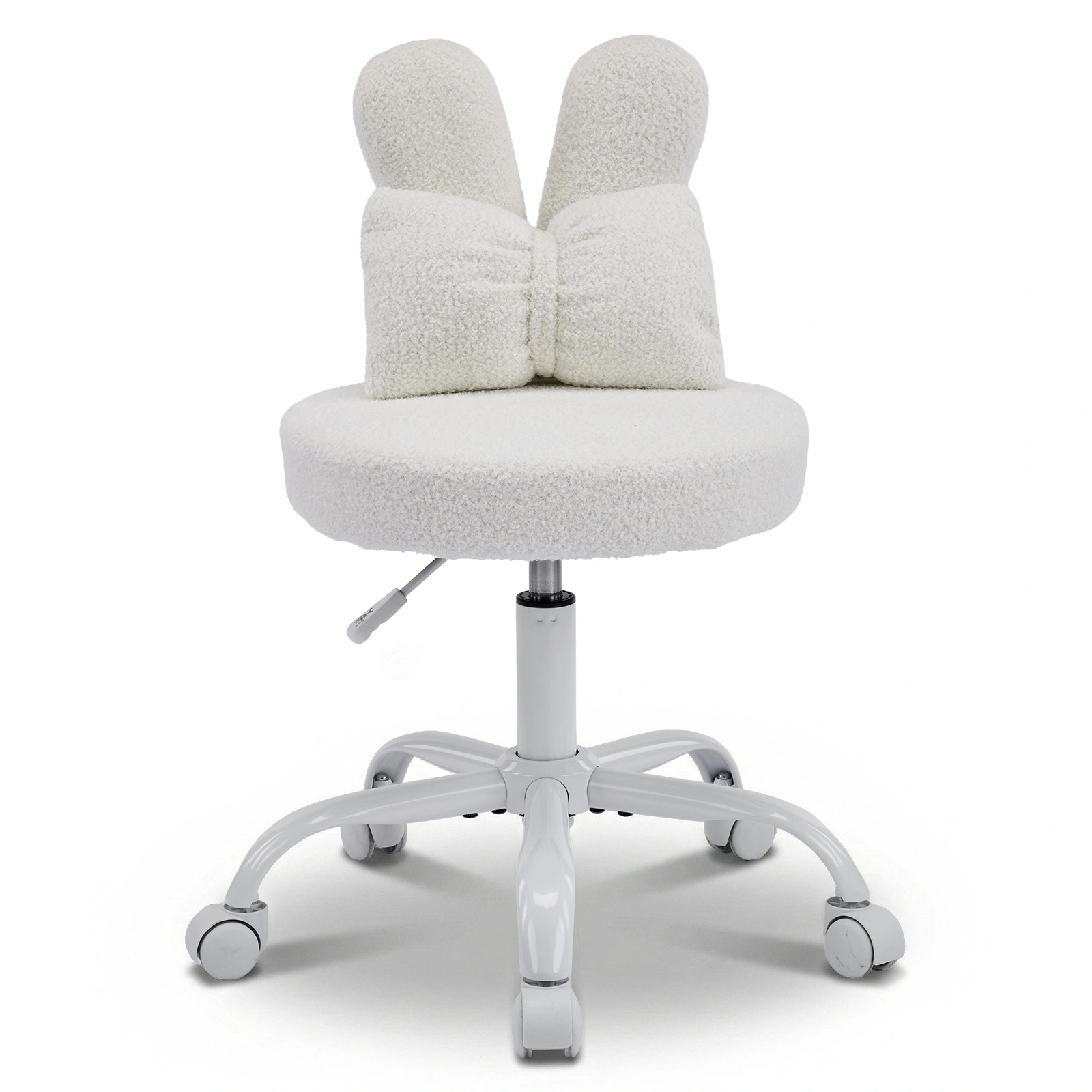 Cute Bunny Ear Desk Chair 16.93"W x 17.72"D, Adjustable Height 360° Swivel Vanity Chair, Bow Backrest, Fluffy Teddy Fleece Round Seat, White