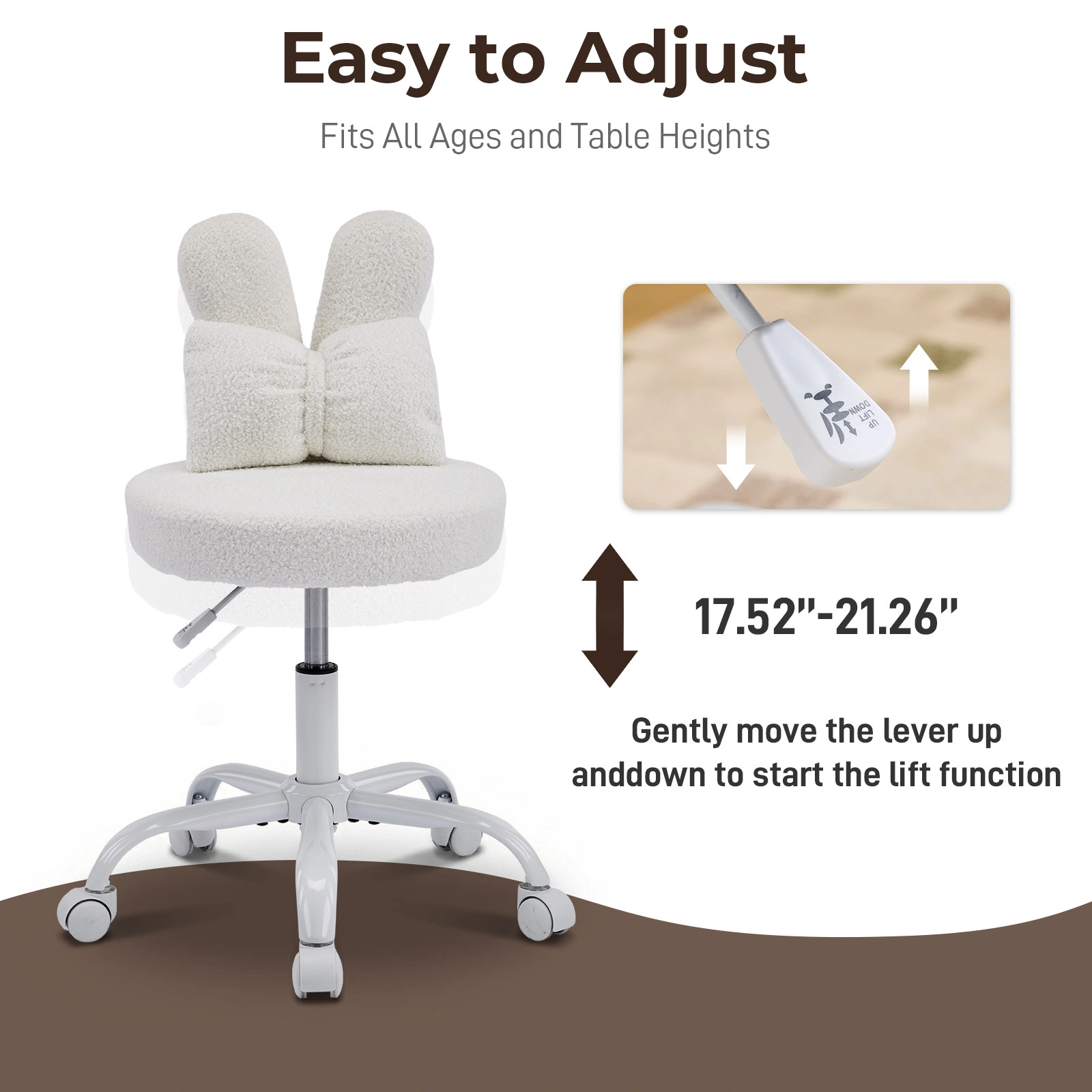 Cute Bunny Ear Desk Chair 16.93"W x 17.72"D, Adjustable Height 360° Swivel Vanity Chair, Bow Backrest, Fluffy Teddy Fleece Round Seat, White view 3