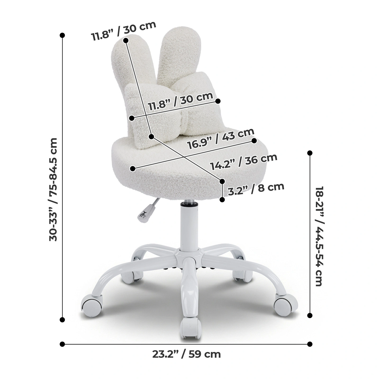 Cute Bunny Ear Desk Chair 16.93"W x 17.72"D, Adjustable Height 360° Swivel Vanity Chair, Bow Backrest, Fluffy Teddy Fleece Round Seat, White view 5