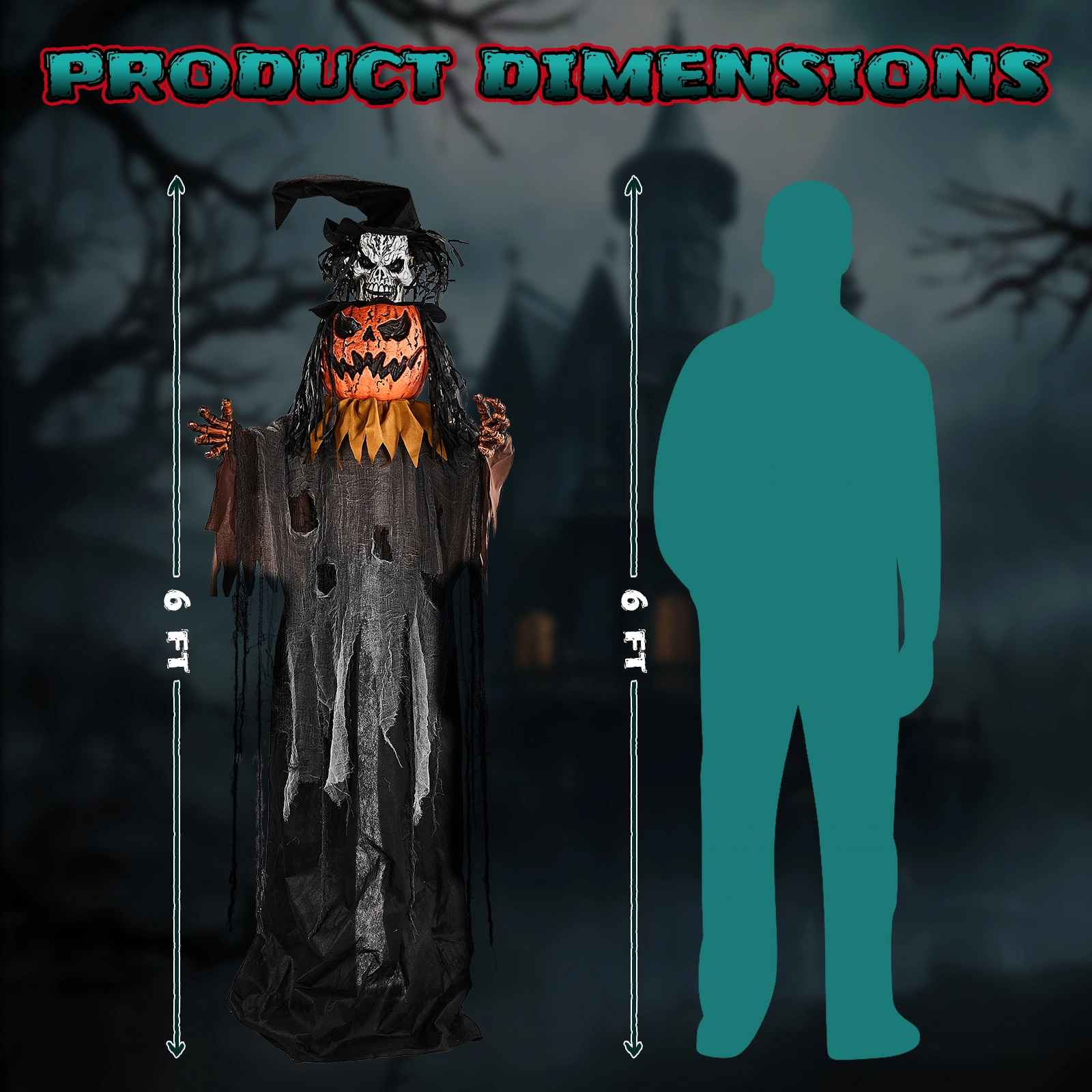 6ft Skull-Headed Pumpkin Man with Orange Eyes, Bullet-Shaped Head, Ghostly Scream, Voice-Activated, Battery-Powered (Batteries Not Included), Halloween Standing Decoration view 3