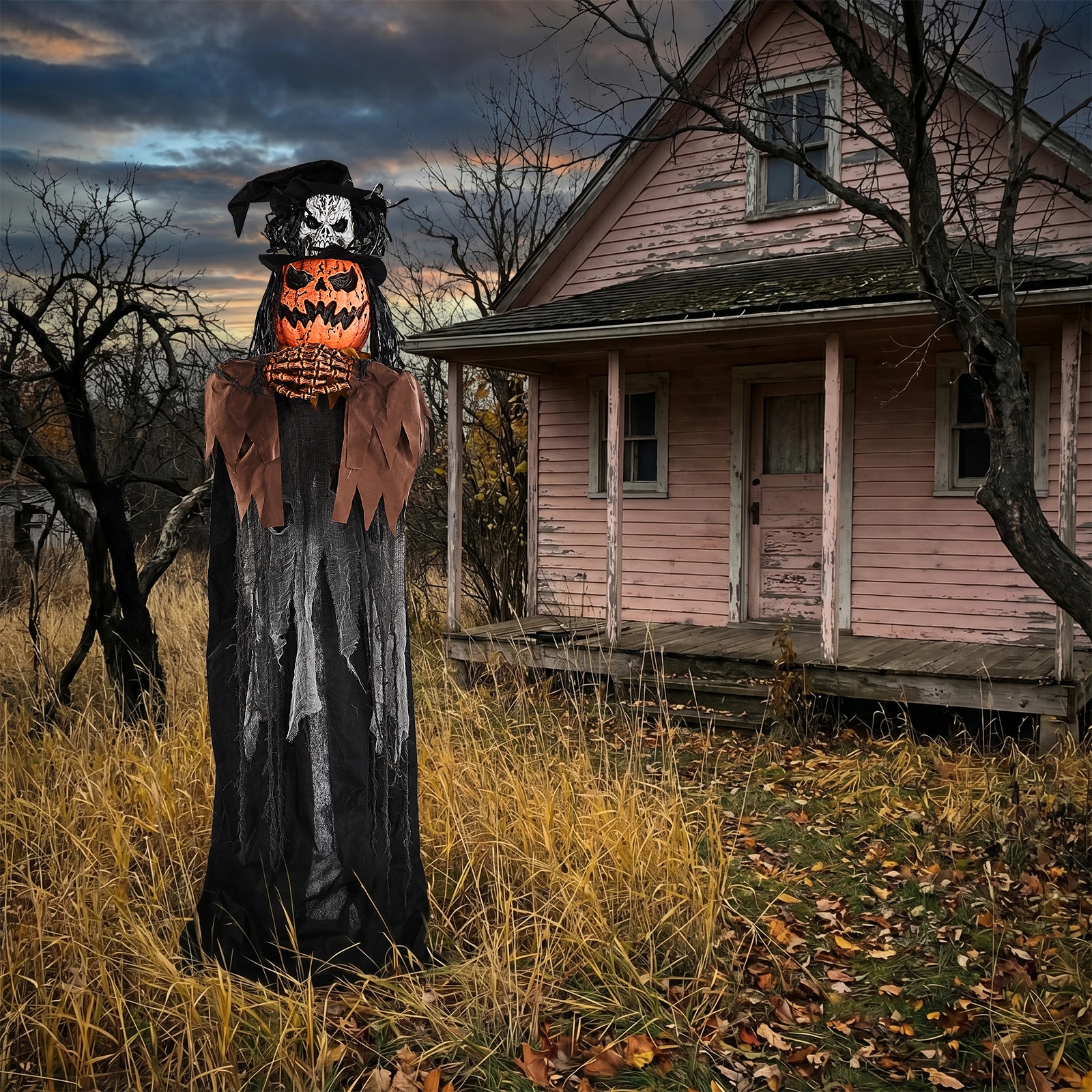 6ft Skull-Headed Pumpkin Man with Orange Eyes, Bullet-Shaped Head, Ghostly Scream, Voice-Activated, Battery-Powered (Batteries Not Included), Halloween Standing Decoration view 4