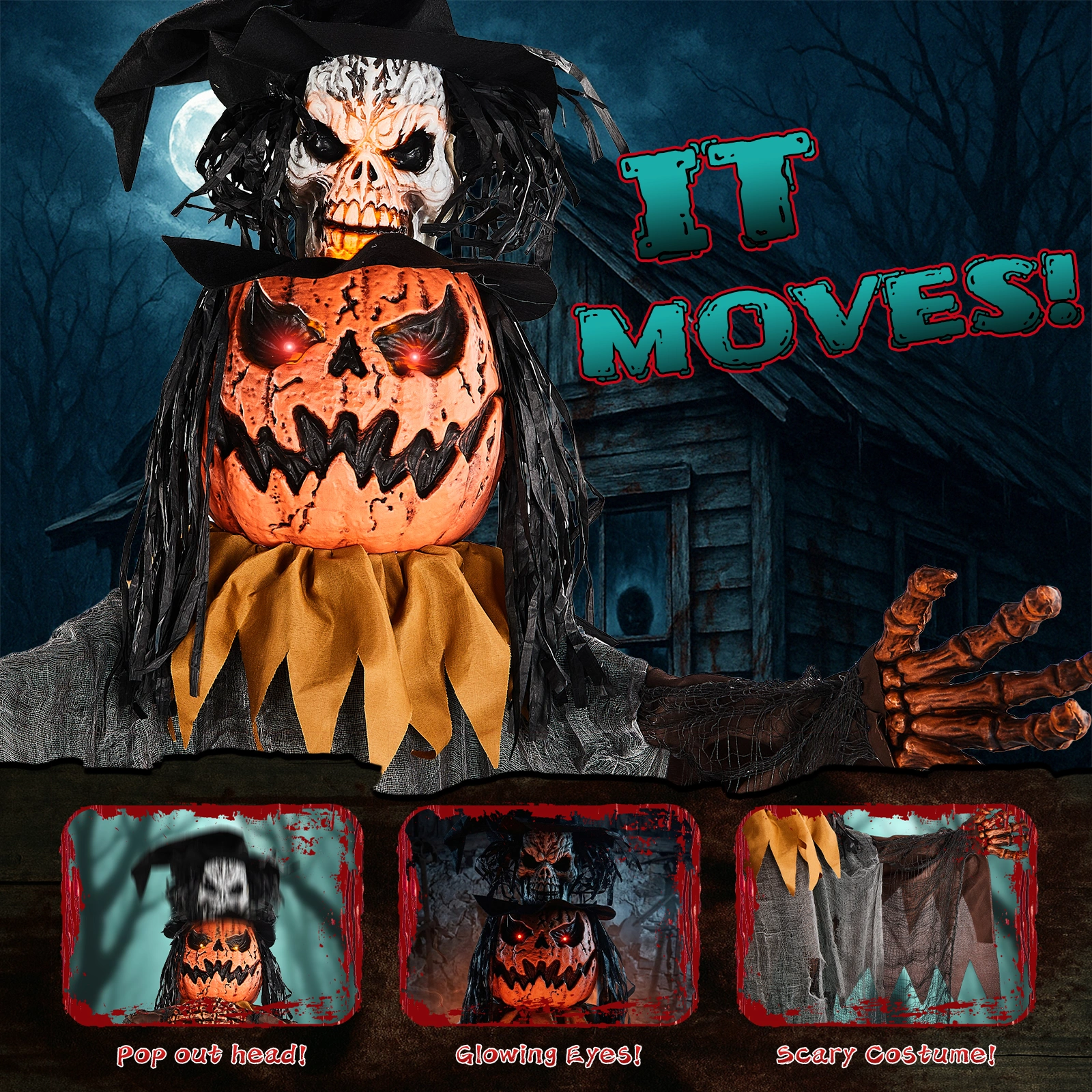 6ft Skull-Headed Pumpkin Man with Orange Eyes, Bullet-Shaped Head, Ghostly Scream, Voice-Activated, Battery-Powered (Batteries Not Included), Halloween Standing Decoration view 6