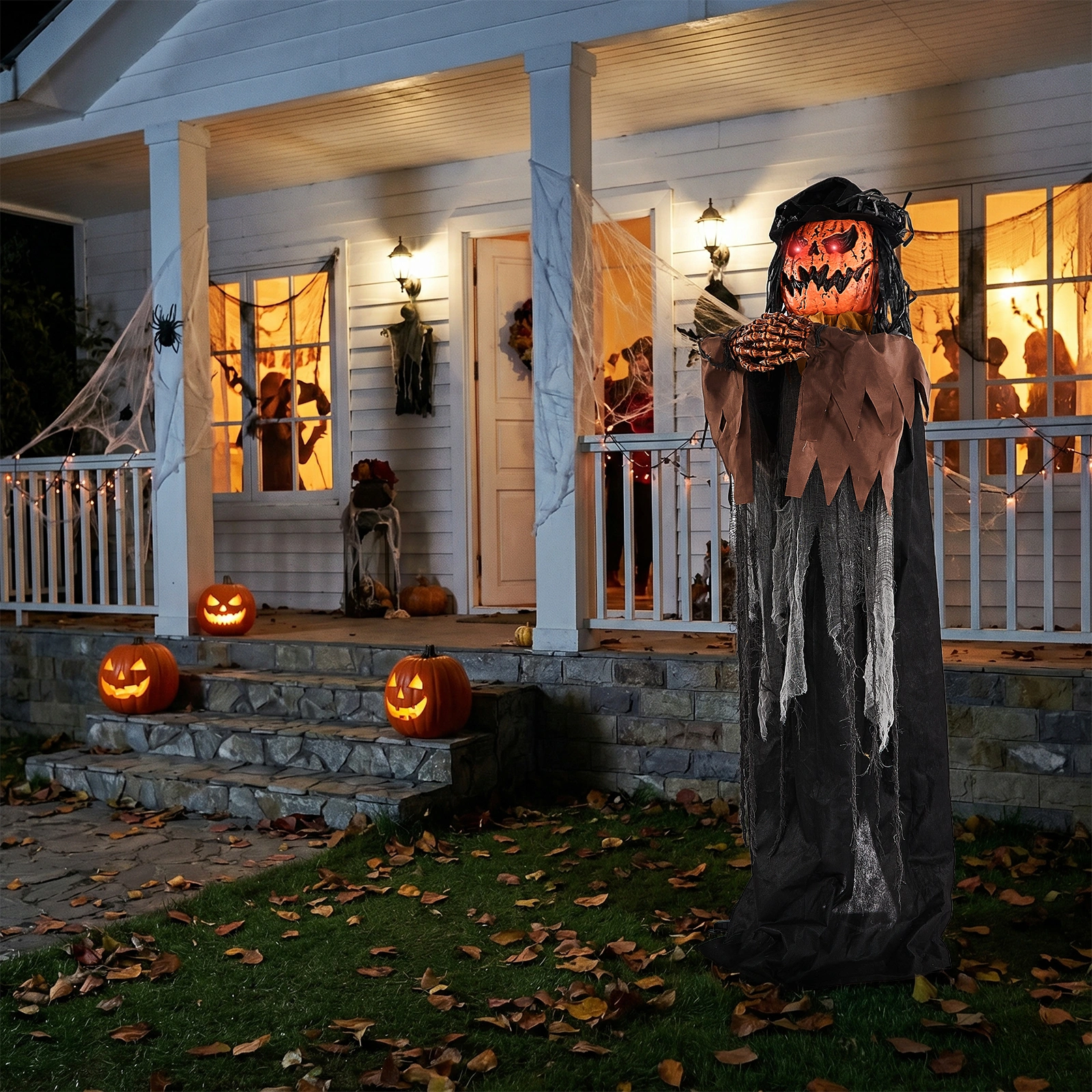 6ft Skull-Headed Pumpkin Man with Orange Eyes, Bullet-Shaped Head, Ghostly Scream, Voice-Activated, Battery-Powered (Batteries Not Included), Halloween Standing Decoration view 8