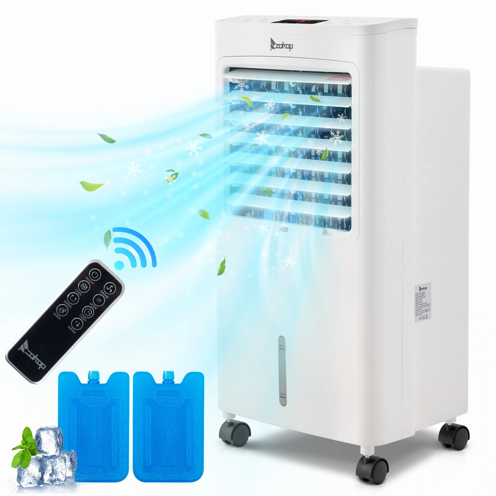 4-in-1 Portable Air Cooler & Fan, 324CFM Mobile Evaporative Cooler w/Remote, Humidifier Ionizer, 8L Tank, 12H Timer, 4 Ice Packs, 75W, Variable Speed