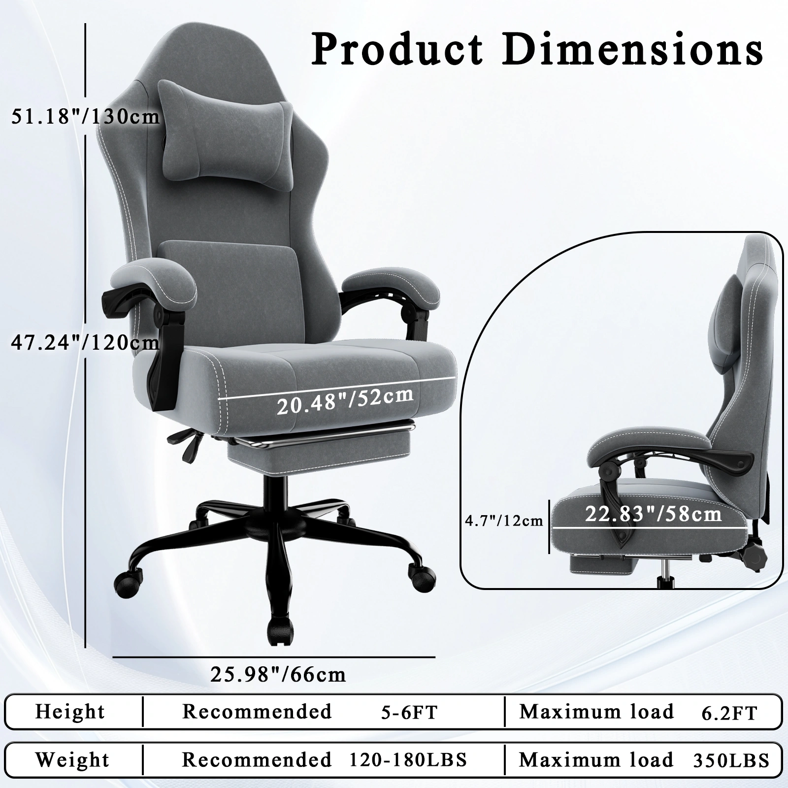 Height Adjustable Gaming Chair with Massage Lumbar Support & Retractable Footrest, Ergonomic Fabric Computer Chair, Pocket Spring Cushion for Adults view 4