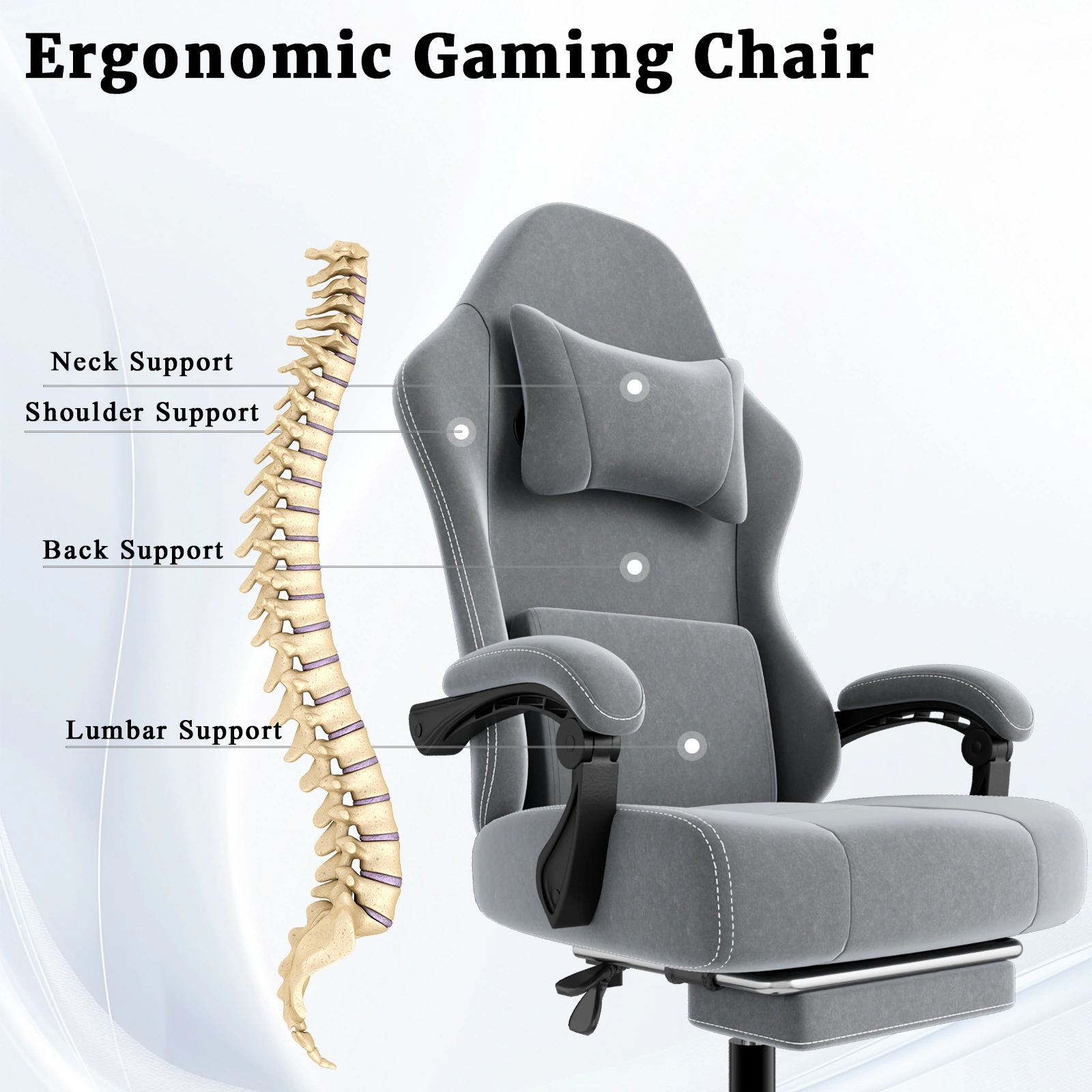 Height Adjustable Gaming Chair with Massage Lumbar Support & Retractable Footrest, Ergonomic Fabric Computer Chair, Pocket Spring Cushion for Adults view 5