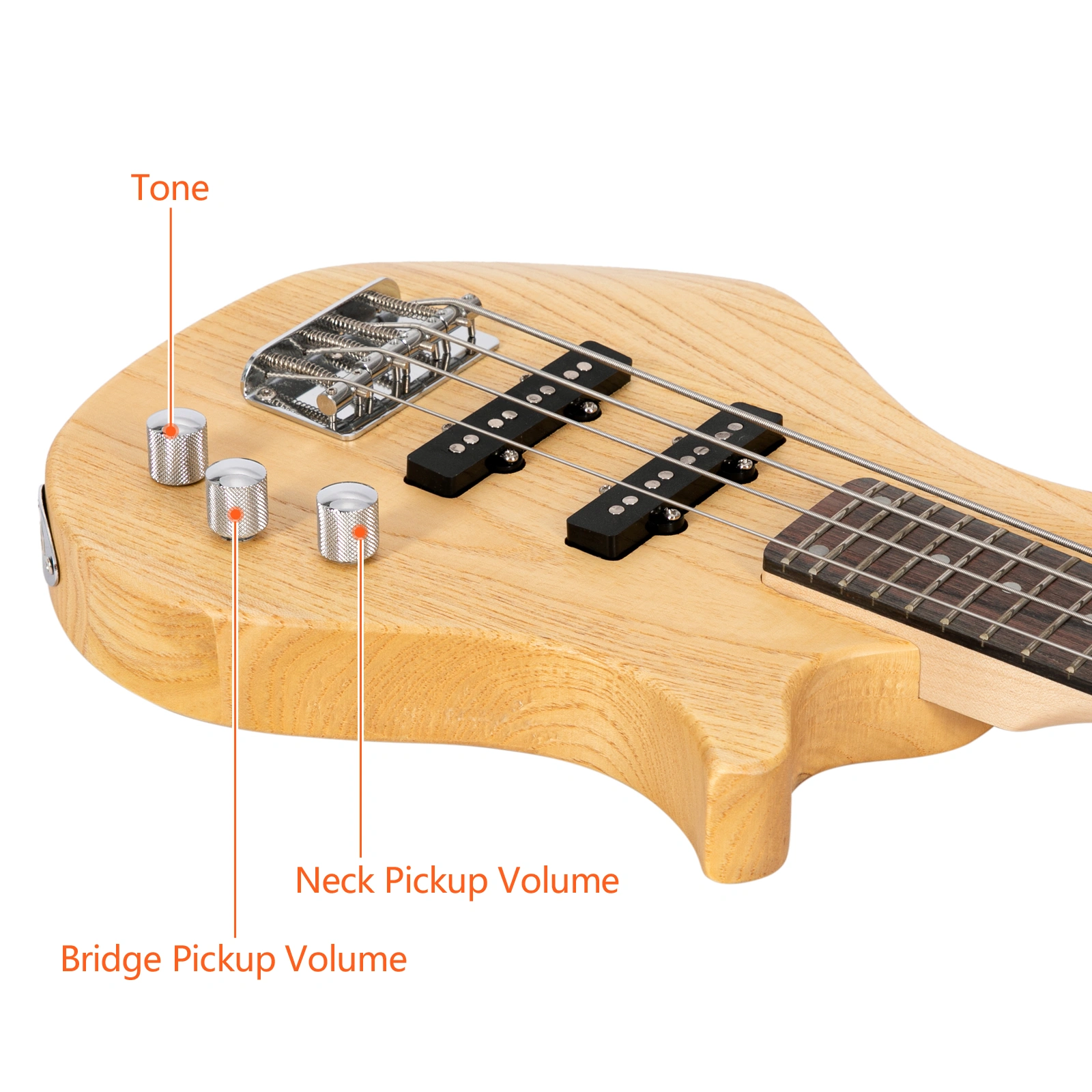 GW101 36in Small Scale Electric Bass Guitar Suit With Mahogany Body SS Pickups, Guitar Bag, Strap, Cable Burlywood view 16