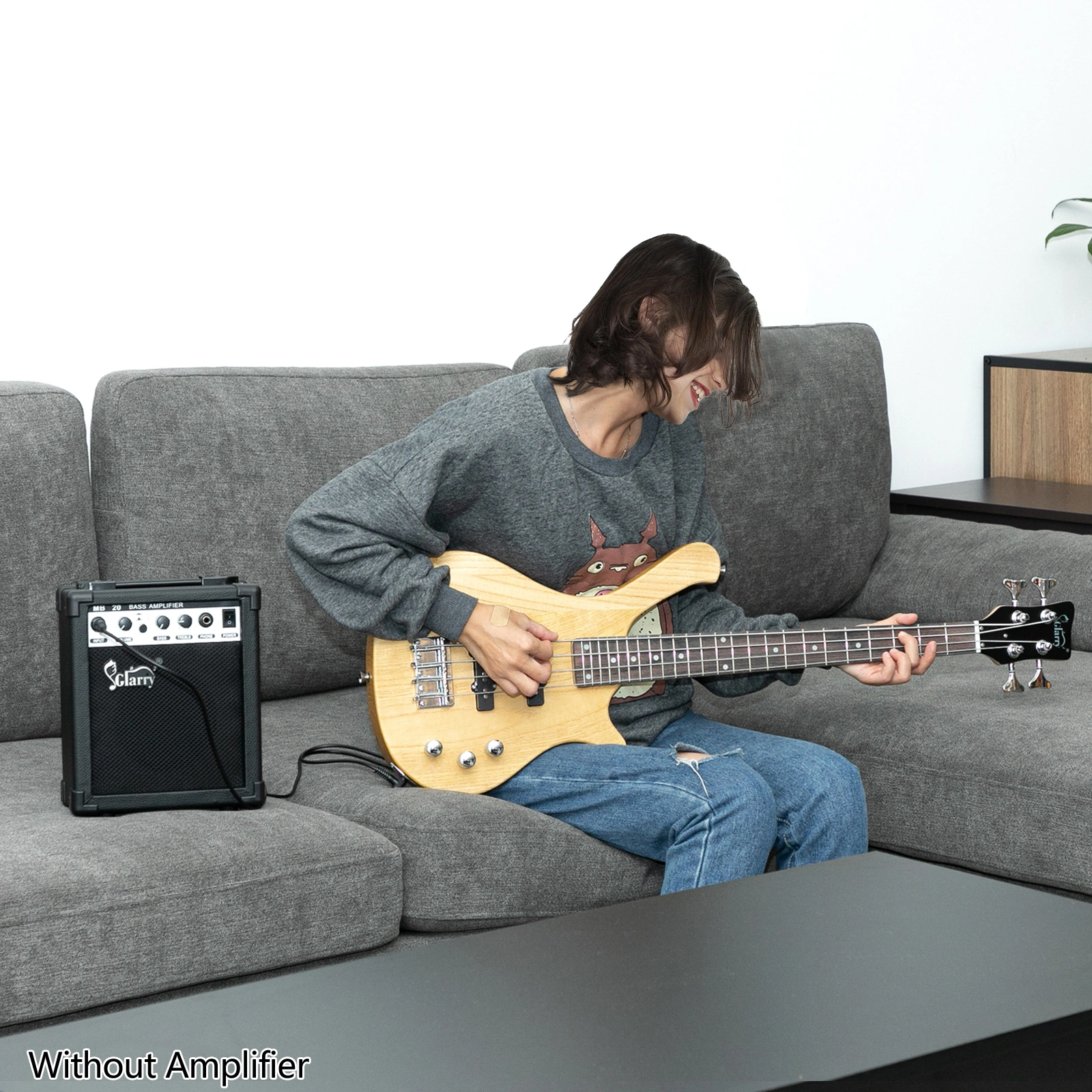GW101 36in Small Scale Electric Bass Guitar Suit With Mahogany Body SS Pickups, Guitar Bag, Strap, Cable Burlywood view 9