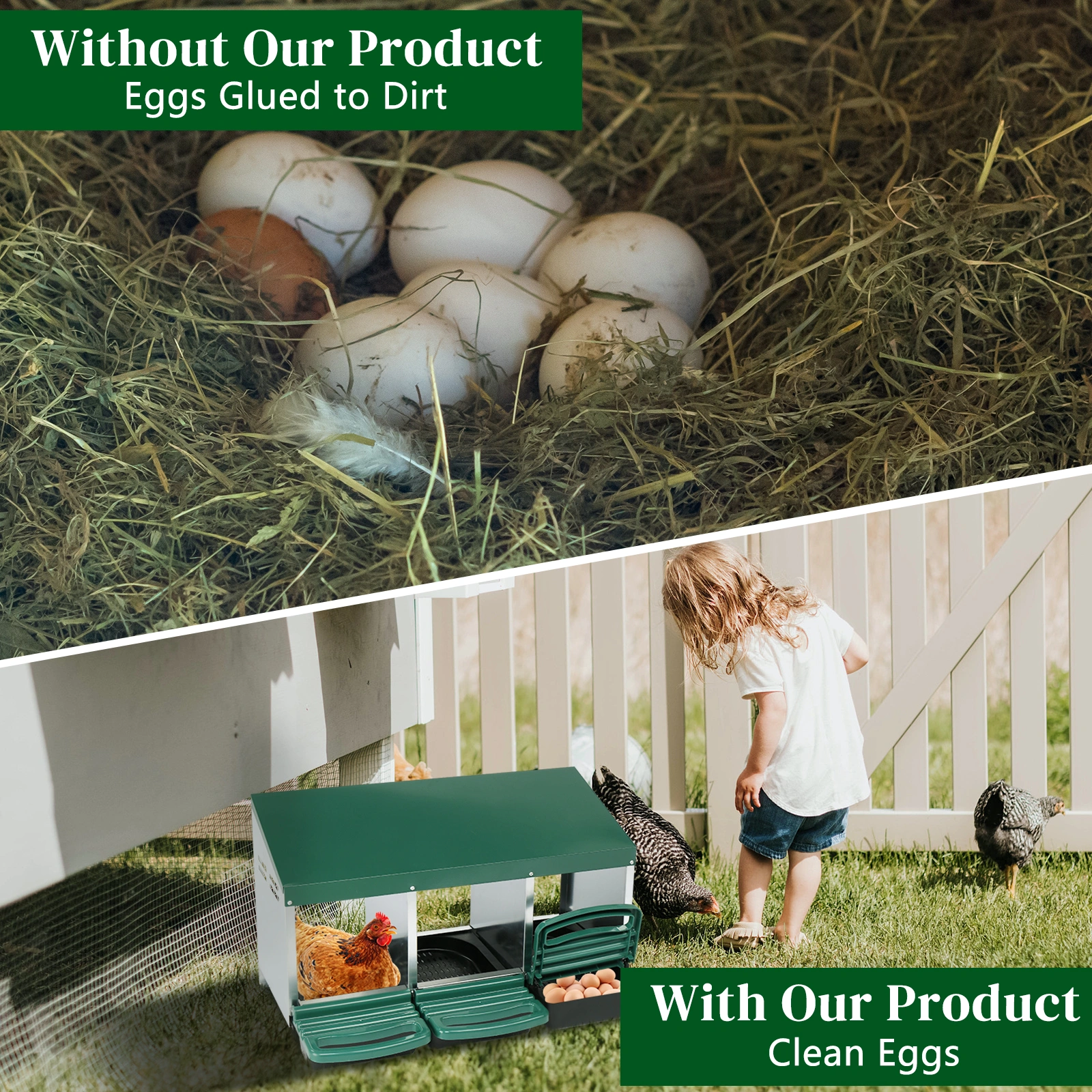 3 Compartment Roll Out Chicken Nesting Box with Plastic Basket, Egg Nest Box Chicken Laying Box Hens Chicken Coop Box, Green view 8