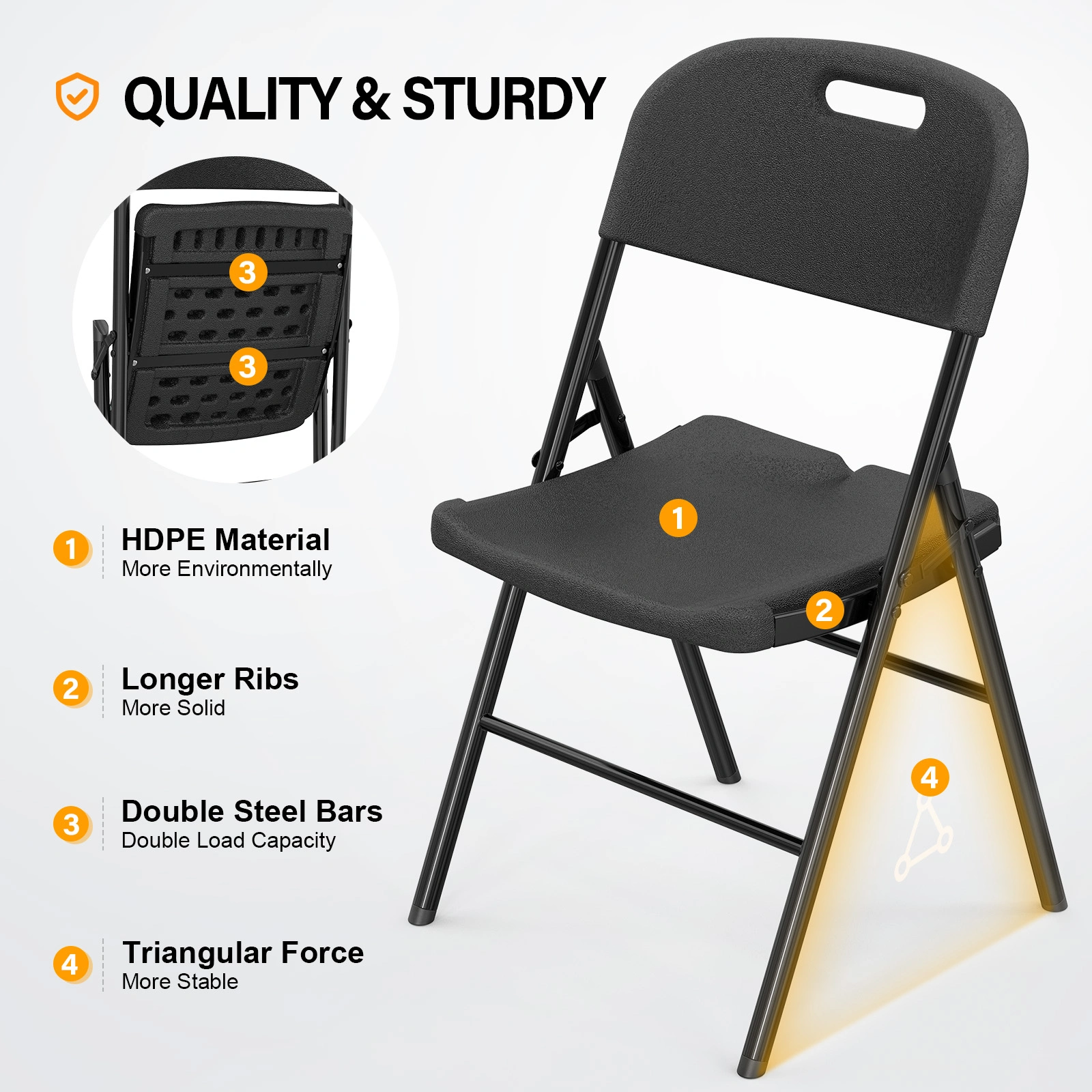 4 Pack Plastic Folding Chair with 440-Pound Capacity, Commercial Grade Folding Chair, Portable Chairs for Events Office Wedding Party Picnic Dining, Black view 5