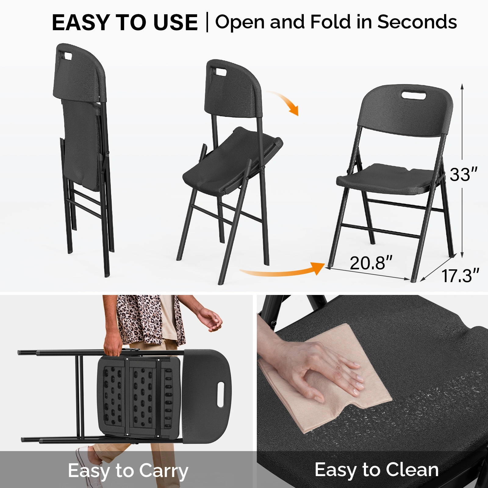 4 Pack Plastic Folding Chair with 440-Pound Capacity, Commercial Grade Folding Chair, Portable Chairs for Events Office Wedding Party Picnic Dining, Black view 6