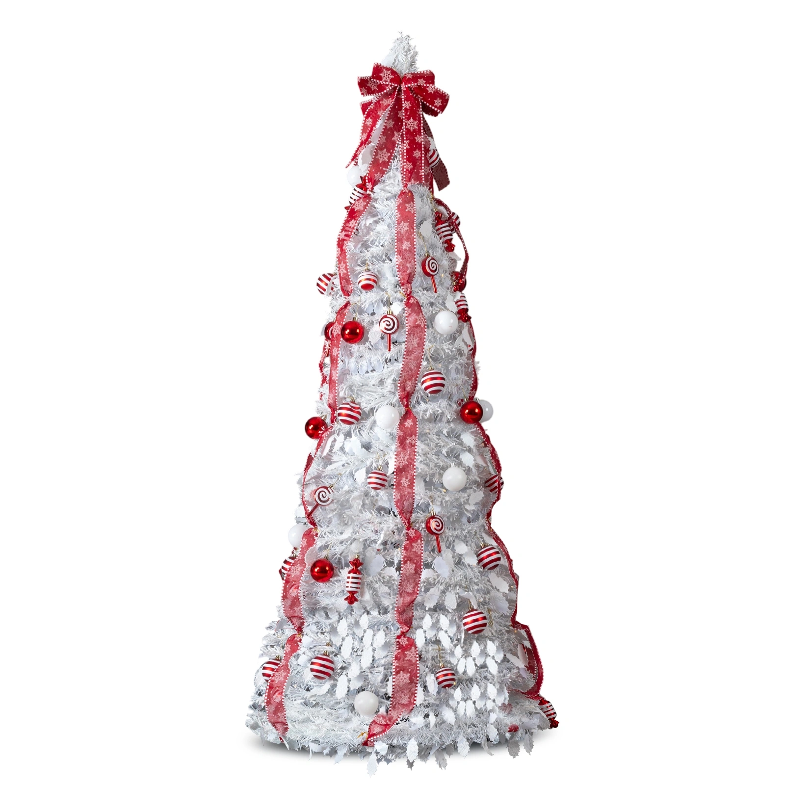 6 FT Pre-Lit Artificial Christmas Tree Fully Decorated, Pop Up Xmas Tree with 100 Warm Lights & Red Ornaments, White for Home Office Store Holiday Decor