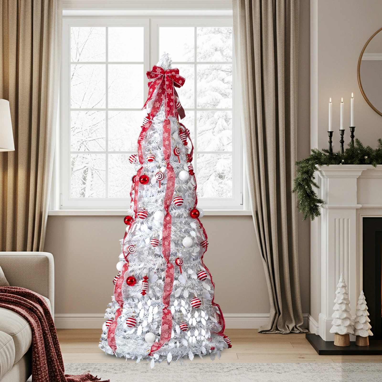 6 FT Pre-Lit Artificial Christmas Tree Fully Decorated, Pop Up Xmas Tree with 100 Warm Lights & Red Ornaments, White for Home Office Store Holiday Decor view 2