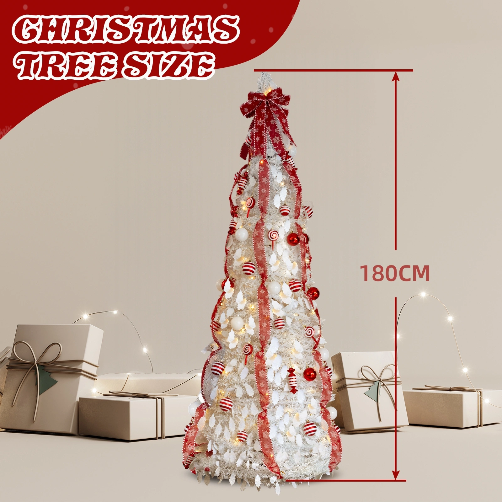 6 FT Pre-Lit Artificial Christmas Tree Fully Decorated, Pop Up Xmas Tree with 100 Warm Lights & Red Ornaments, White for Home Office Store Holiday Decor view 4