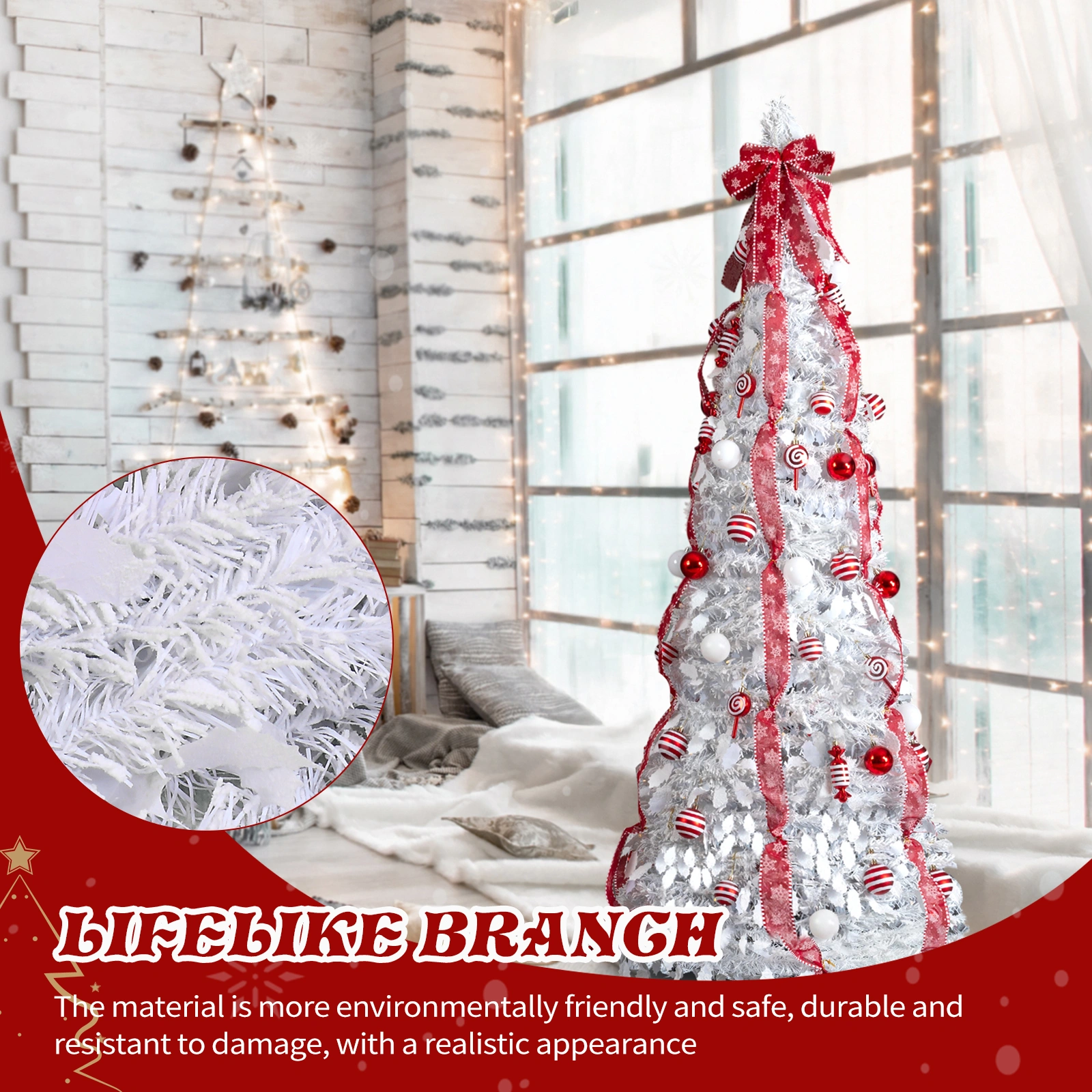 6 FT Pre-Lit Artificial Christmas Tree Fully Decorated, Pop Up Xmas Tree with 100 Warm Lights & Red Ornaments, White for Home Office Store Holiday Decor view 5