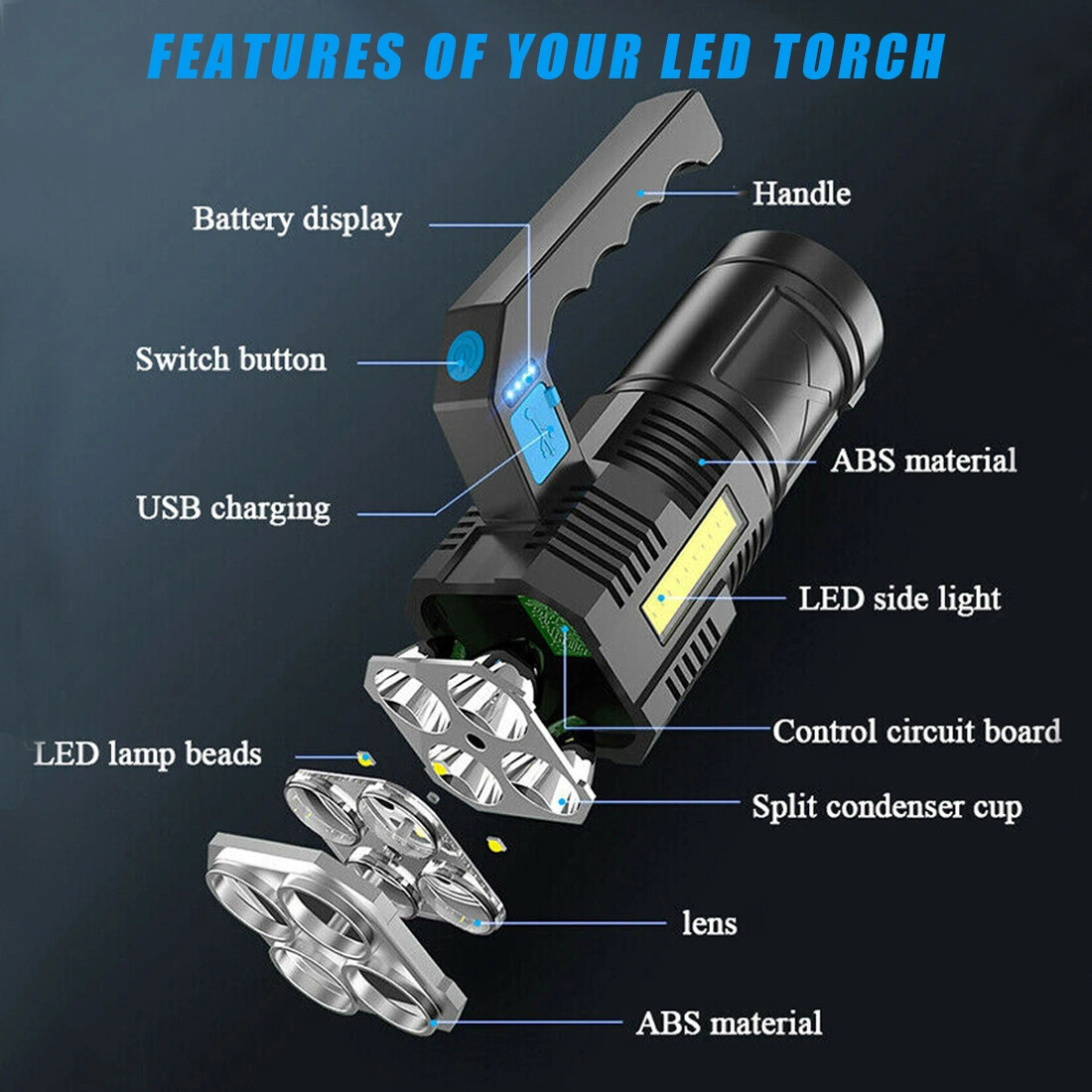USB Rechargeable LED Flashlight Handheld Spotlight Searchlight Outdoor Work Light Rechargeable Torch view 5