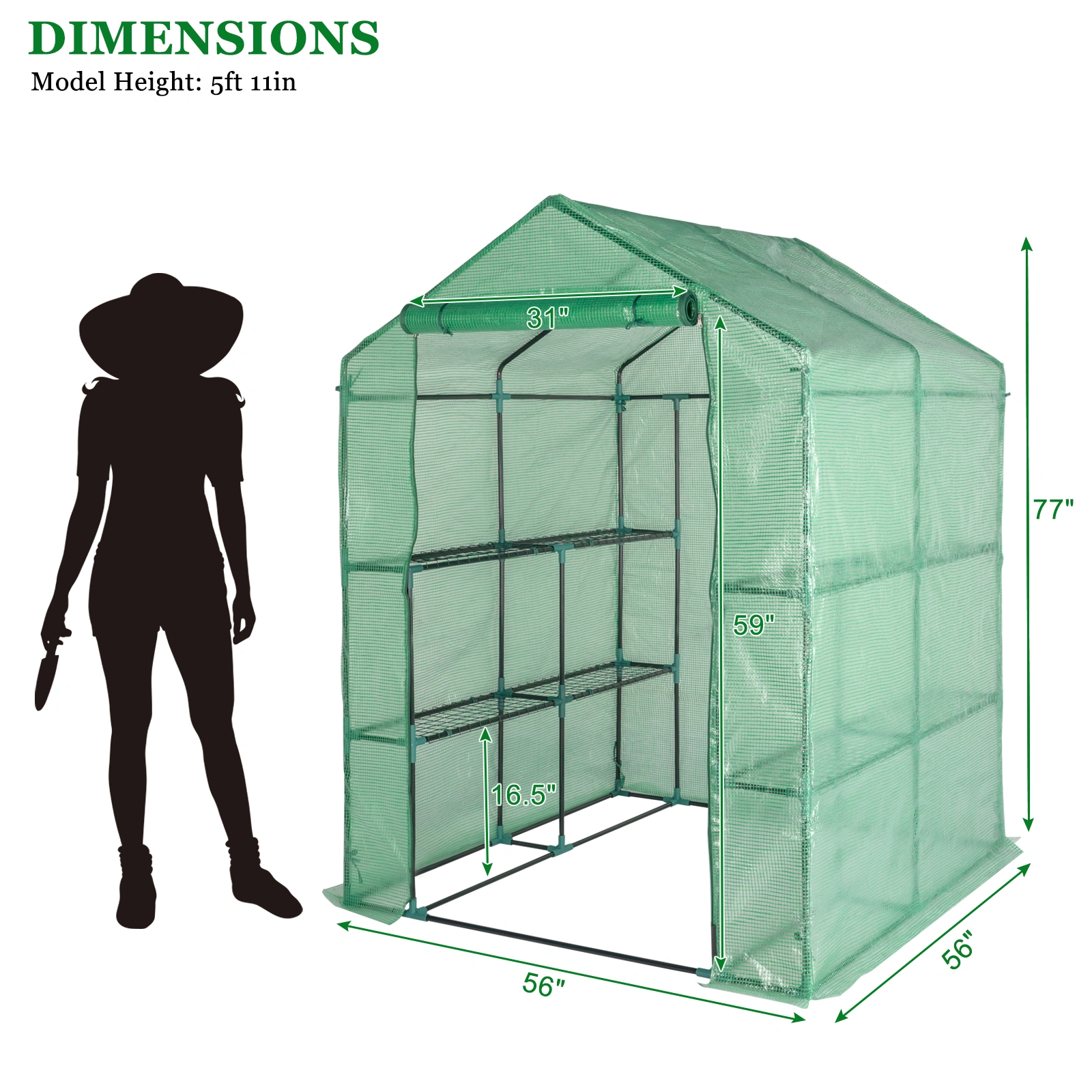 143x143x195cm Black Iron Pipe Steeple With 8 Pieces Grid Flower Stand With Zipper Rolling Door PE Cloth Greenhouse view 10