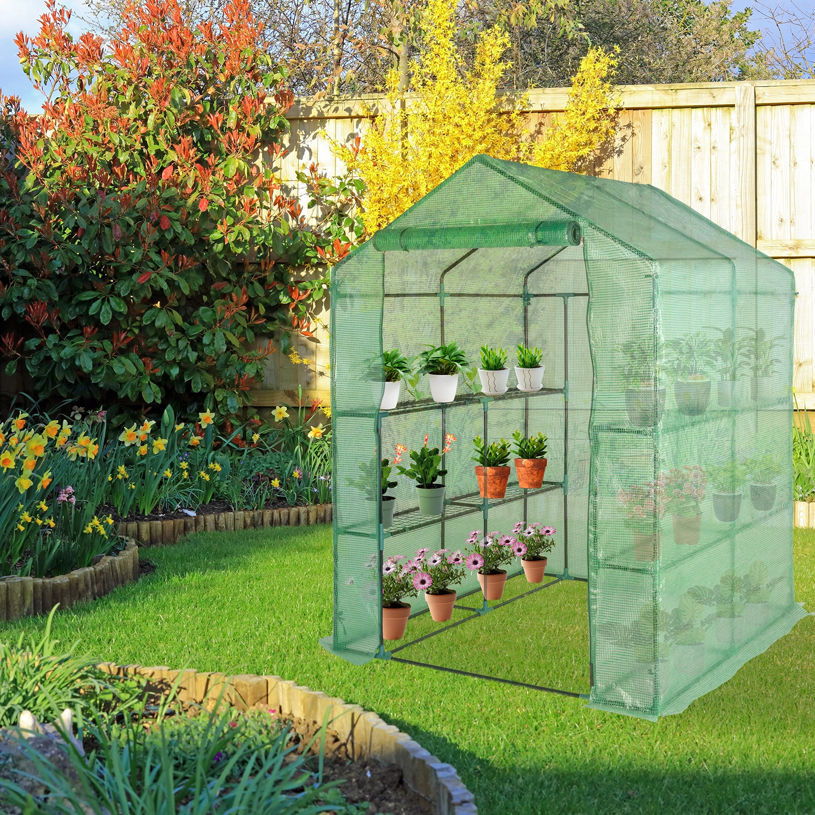 143x143x195cm Black Iron Pipe Steeple With 8 Pieces Grid Flower Stand With Zipper Rolling Door PE Cloth Greenhouse view 11