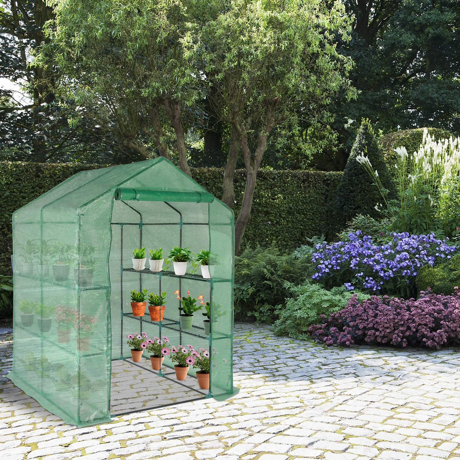 143x143x195cm Black Iron Pipe Steeple With 8 Pieces Grid Flower Stand With Zipper Rolling Door PE Cloth Greenhouse view 12