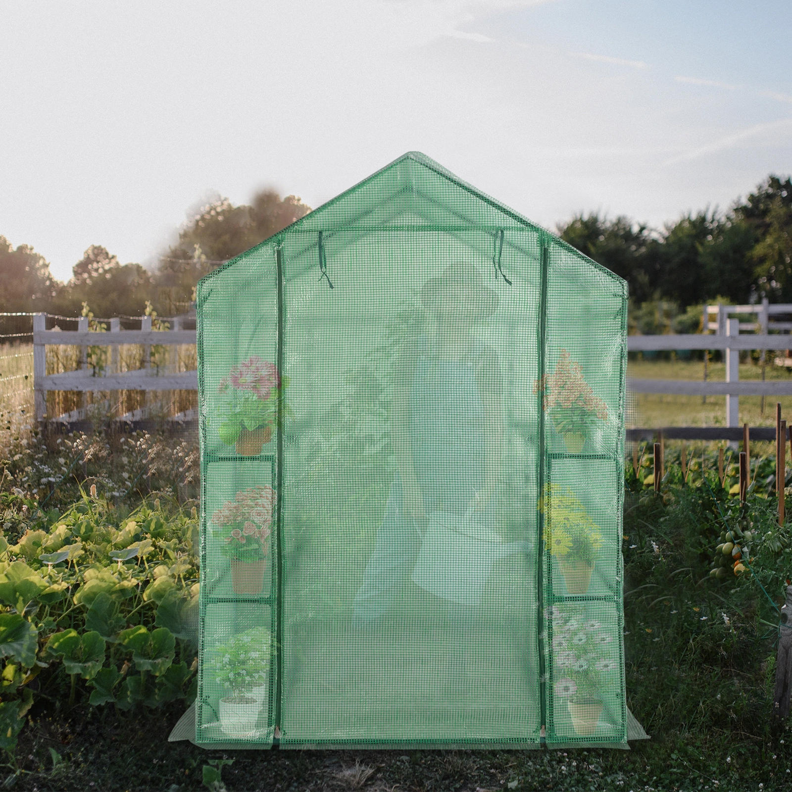143x143x195cm Black Iron Pipe Steeple With 8 Pieces Grid Flower Stand With Zipper Rolling Door PE Cloth Greenhouse view 13