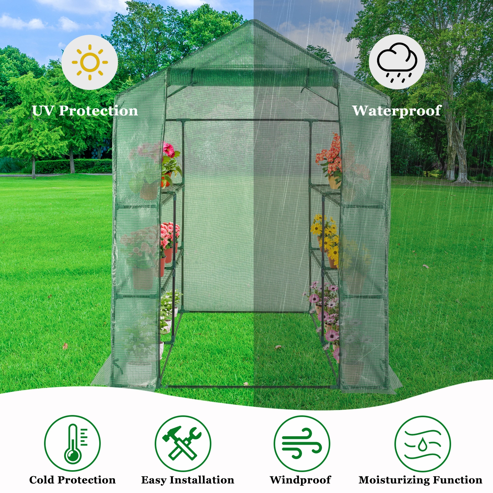 143x143x195cm Black Iron Pipe Steeple With 8 Pieces Grid Flower Stand With Zipper Rolling Door PE Cloth Greenhouse view 14