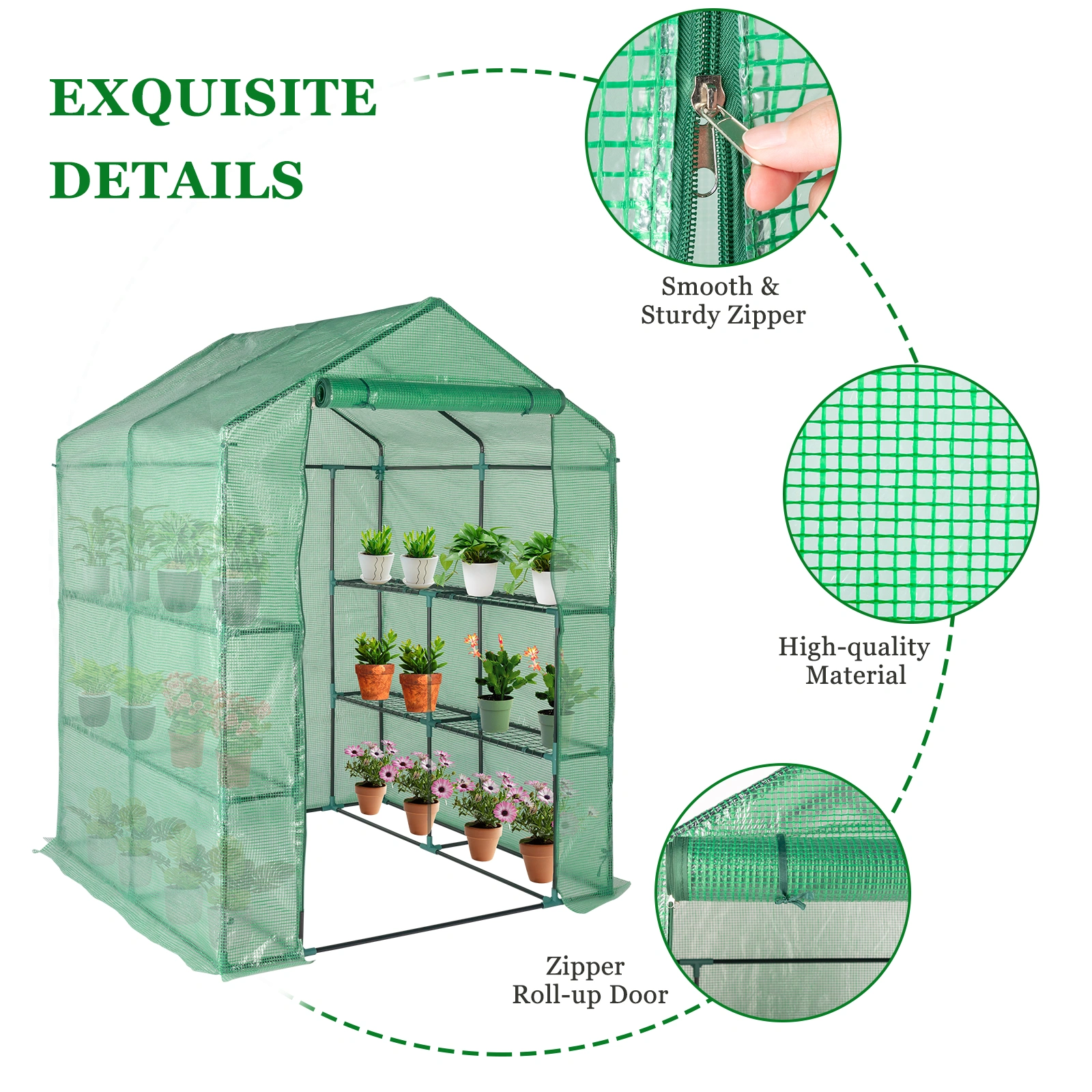 143x143x195cm Black Iron Pipe Steeple With 8 Pieces Grid Flower Stand With Zipper Rolling Door PE Cloth Greenhouse view 15